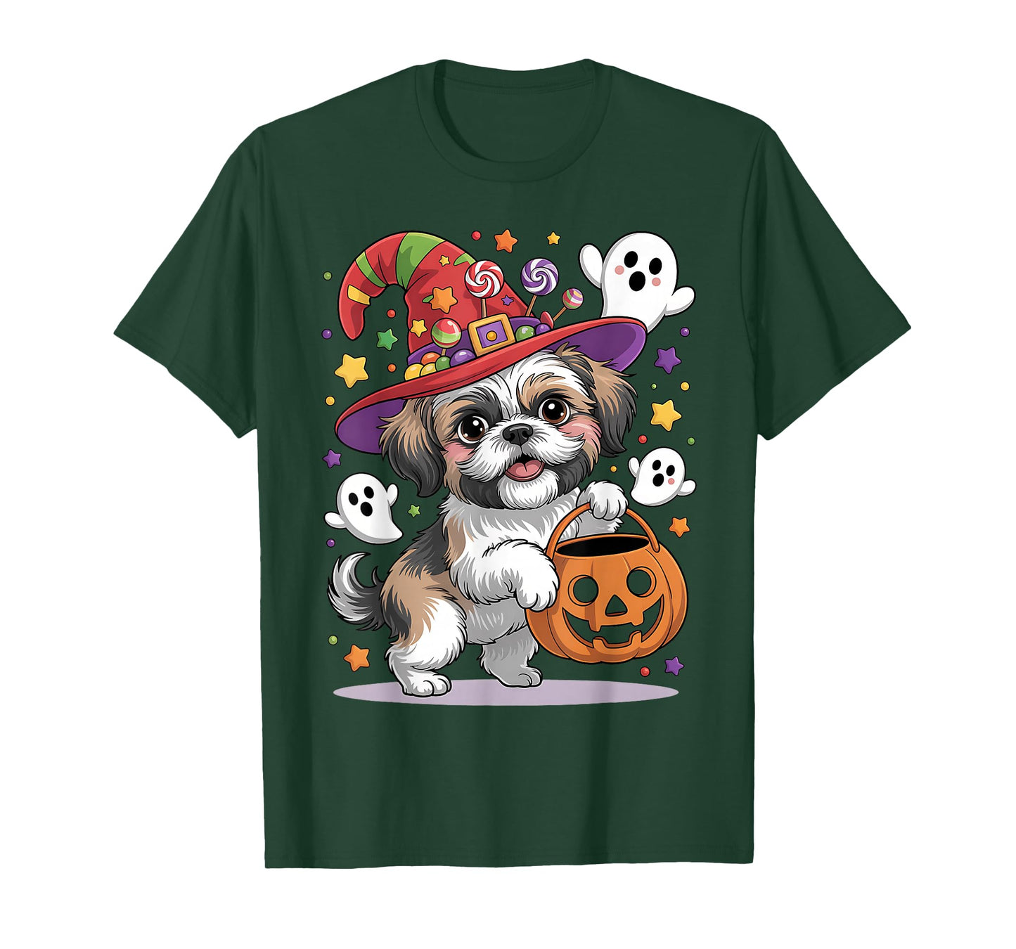Shih Tzu Dog Pumpkin Ghost Candy Witch Halloween Costume T-Shirt
