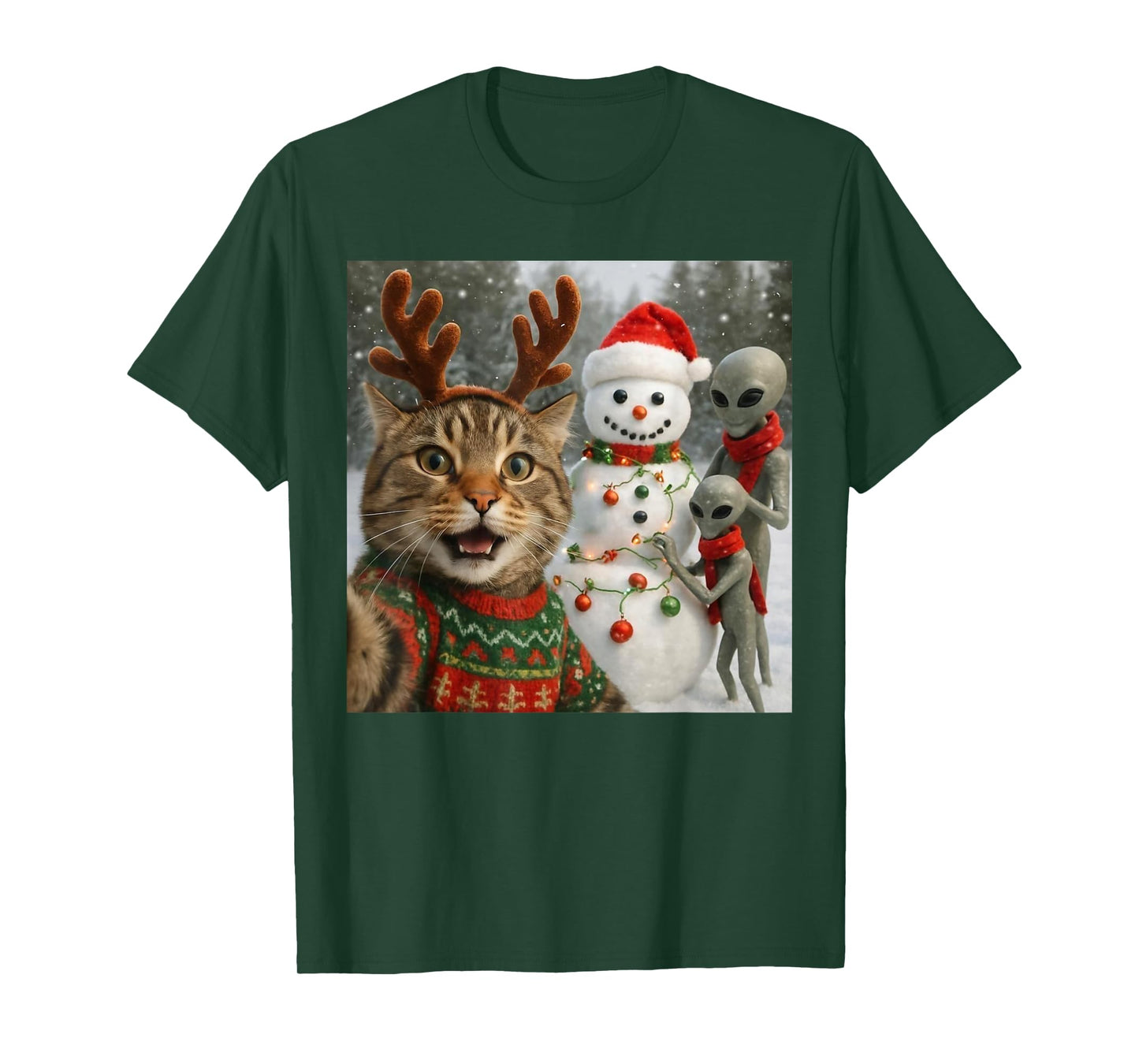 Funny Christmas Cat Selfie with Bigfoot Alien & Snowman T-Shirt