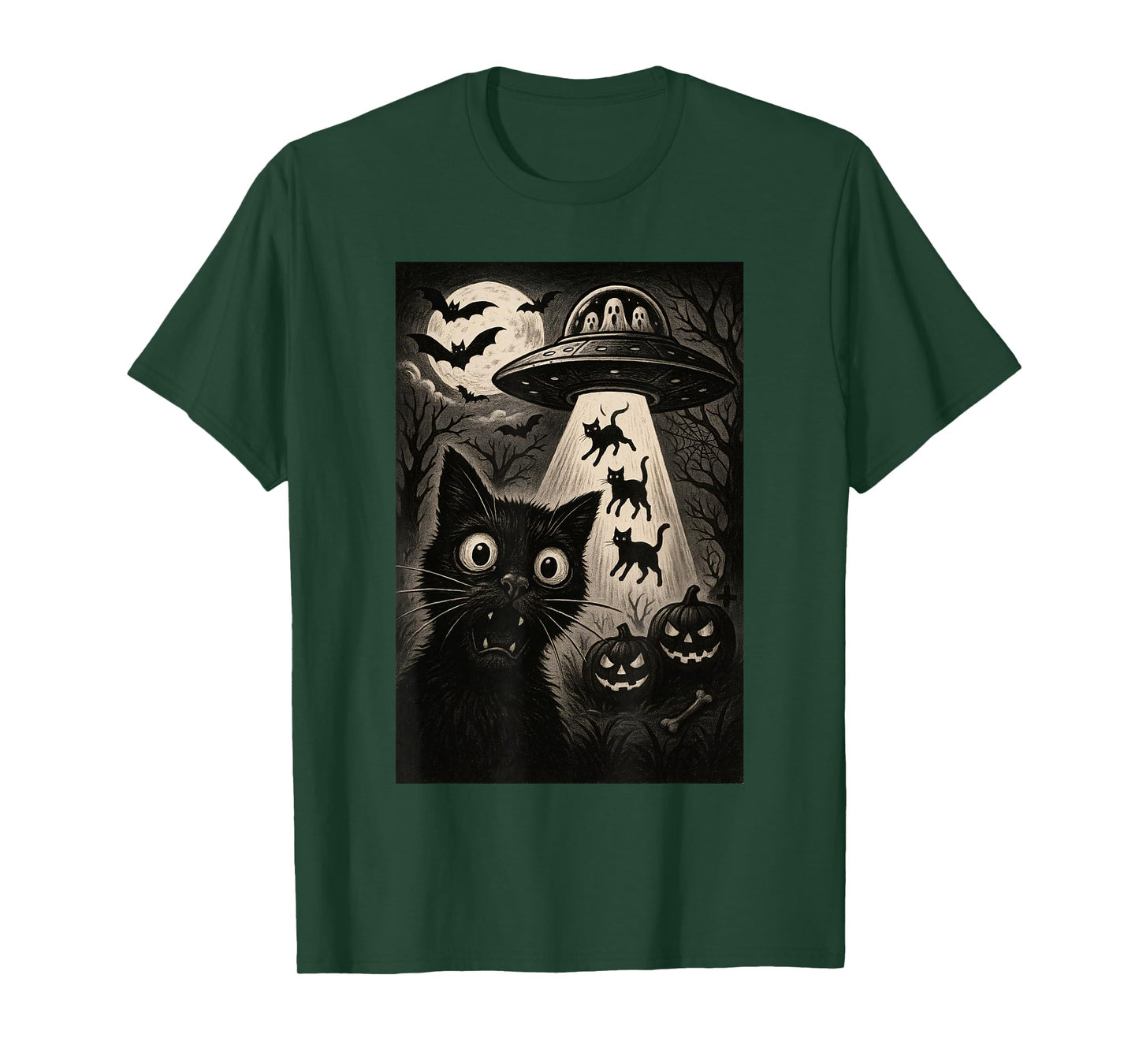 Halloween Cat Selfie Spooky Night Alien Abduction Cats UFO T-Shirt