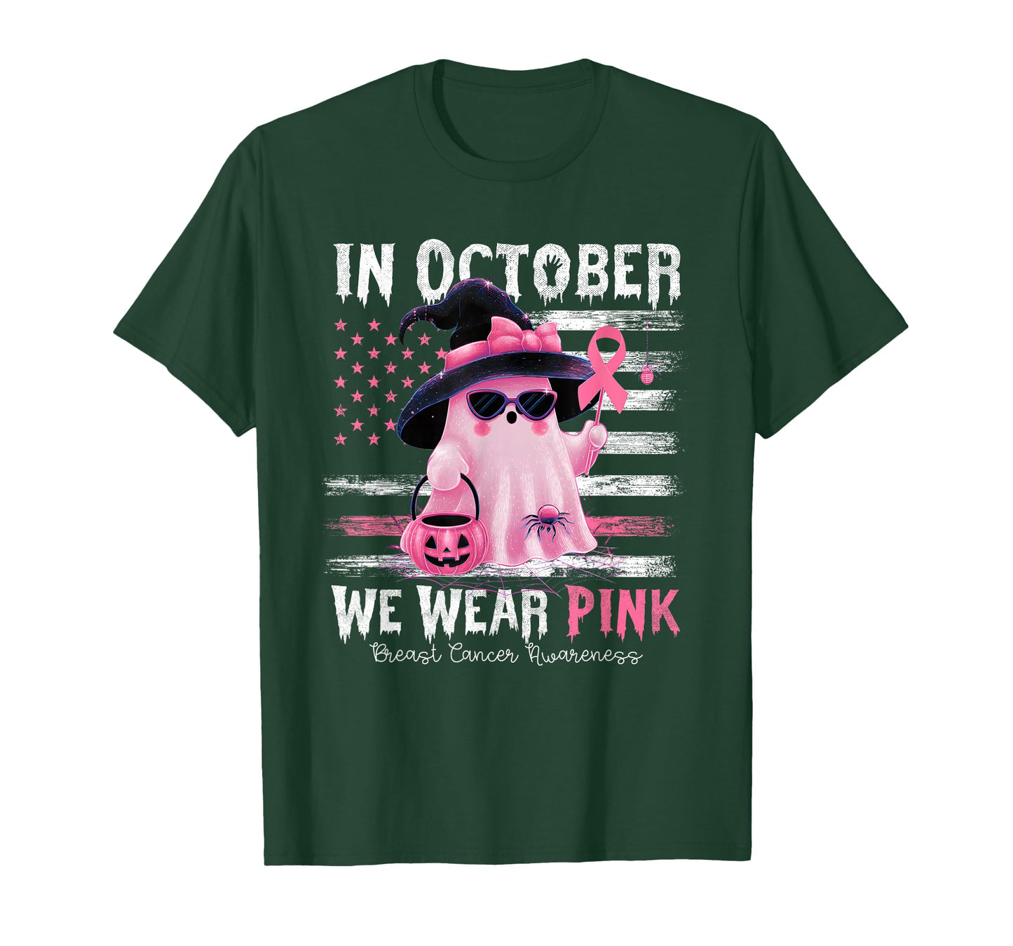 in October We Wear Pink Ghost Witch Breast Cancer Awareness T-Shirt