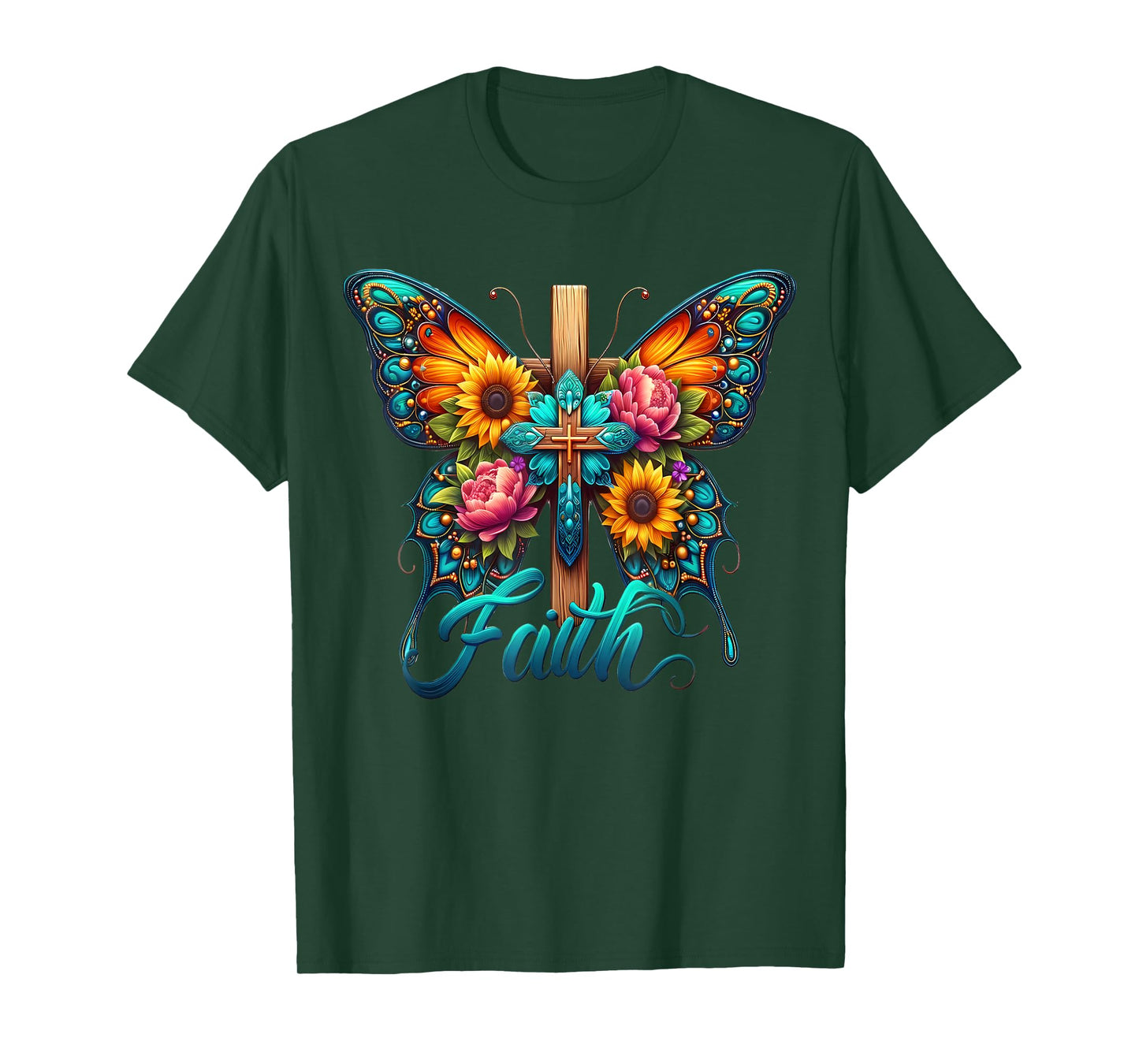 Faith Cross Sunflower Butterflies Flowers Christians Vintage T-Shirt