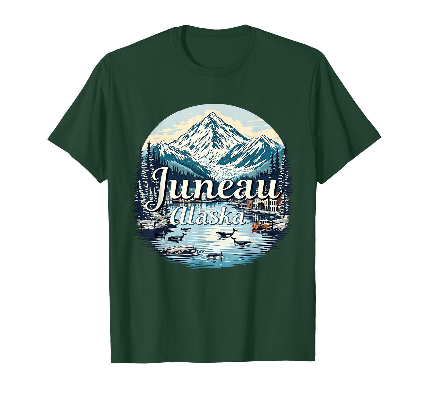Vintage Juneau Alaska Sunset Skyline Mountains Cityscape T-Shirt