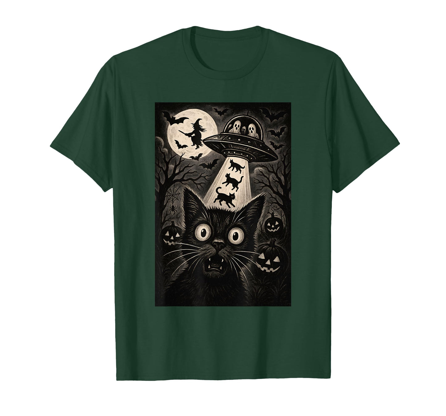 Halloween Cat Selfie Scary Alien Abduction Cats UFO Flying T-Shirt