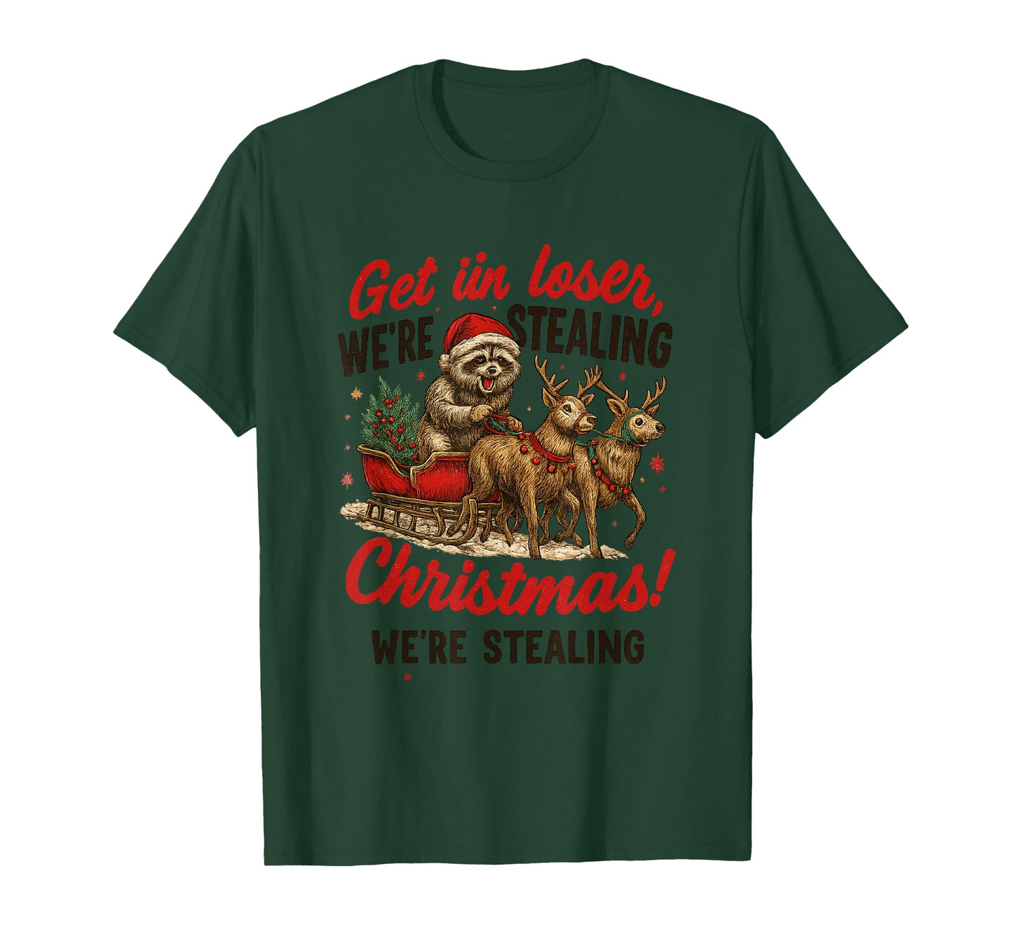 Funny Raccoon Sleigh Ride Christmas Meme Design T-Shirt