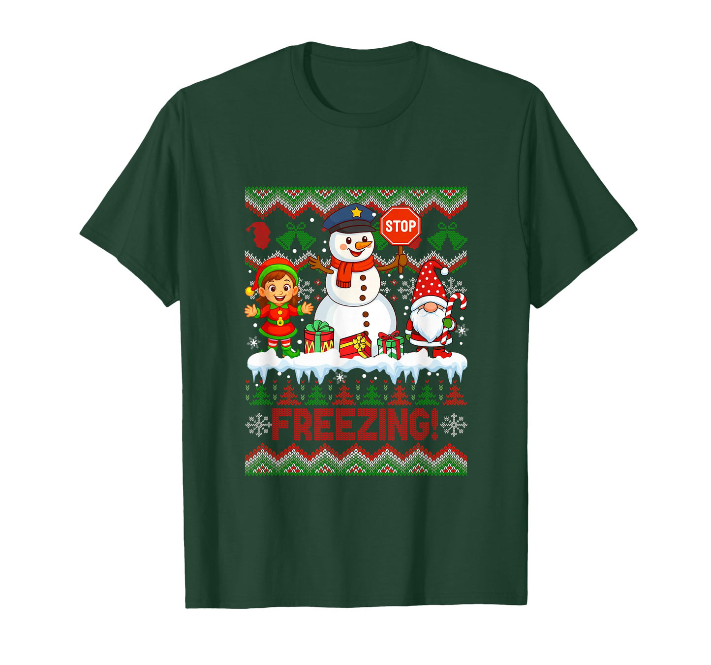 Freezing Christmas Sweater Gnome Elf Snowman Warning Sign T-Shirt
