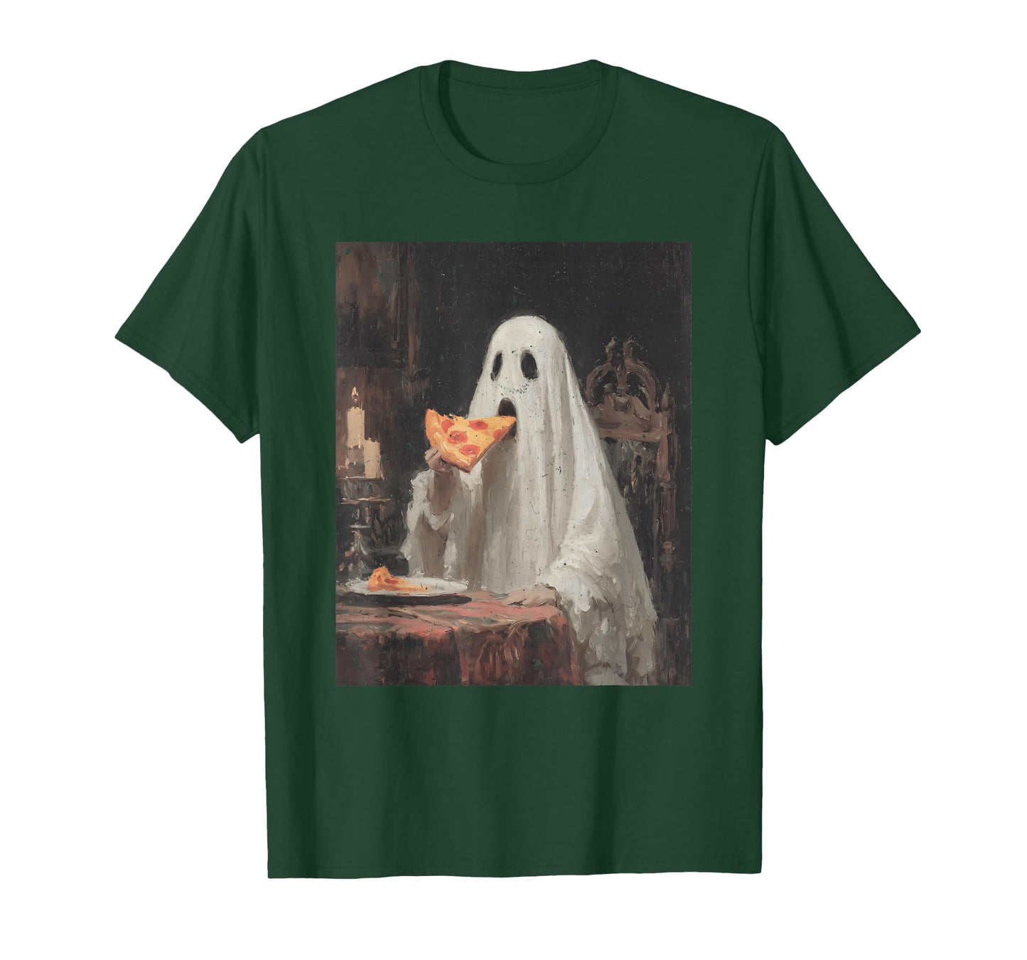 Funny Ghost Eating Pizza Retro Halloween Spooky Season T-Shirt