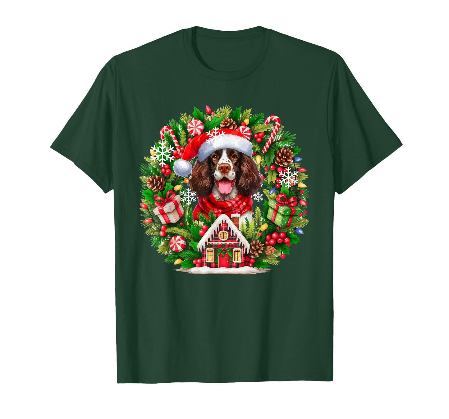 Santa English Springer Spaniel Christmas Floral Circle Owner T-Shirt