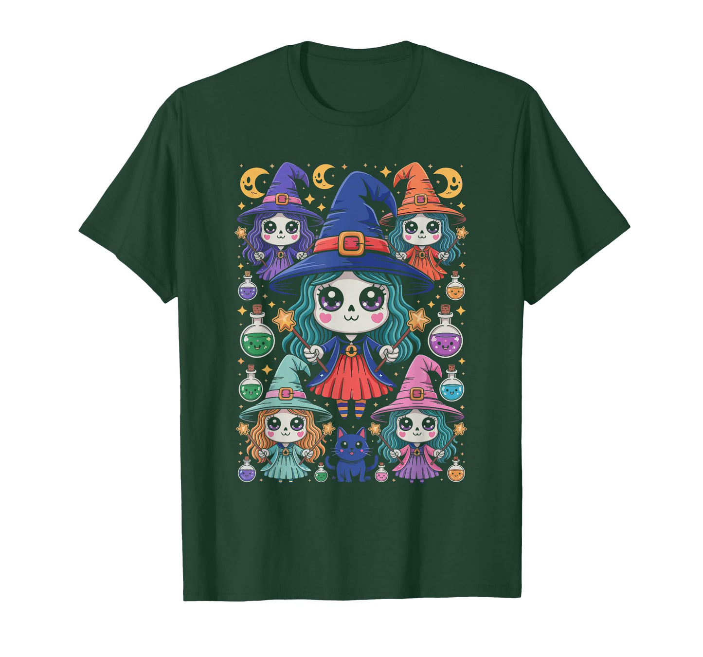 Kawaii Witches Group Potions Stars and Moons Halloween T-Shirt