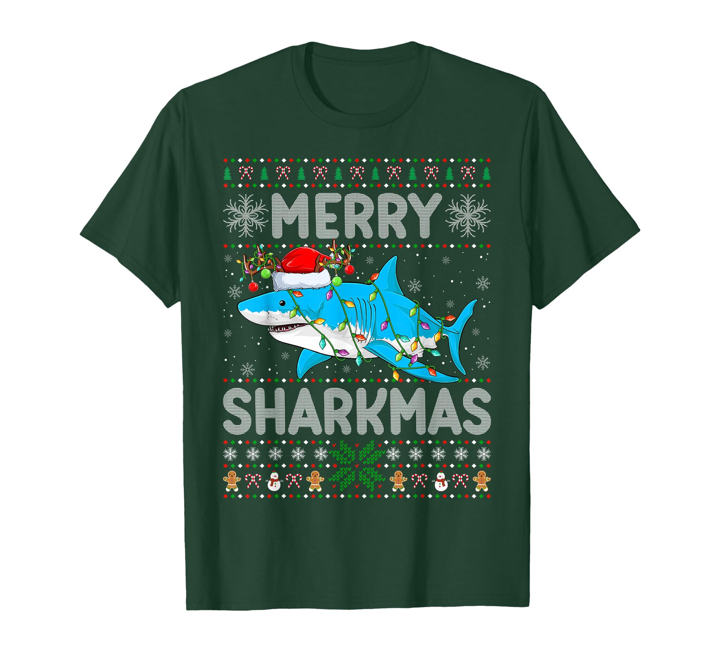 Shark Christmas Lights Ugly Sweater Style Shark Xmas Pajamas T-Shirt