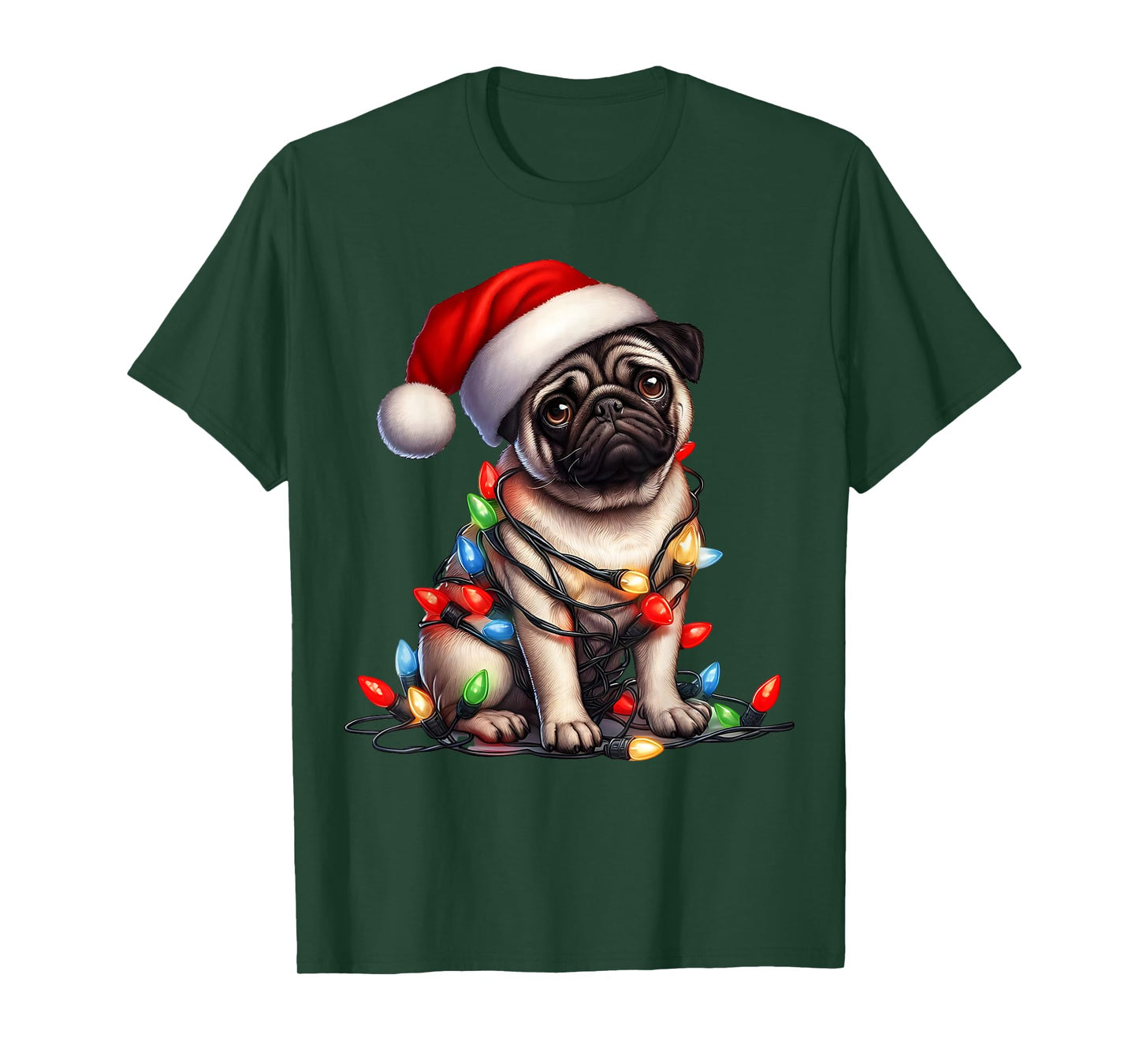 Pug Dog Christmas Lights Santa Hat Dog Lover T-Shirt
