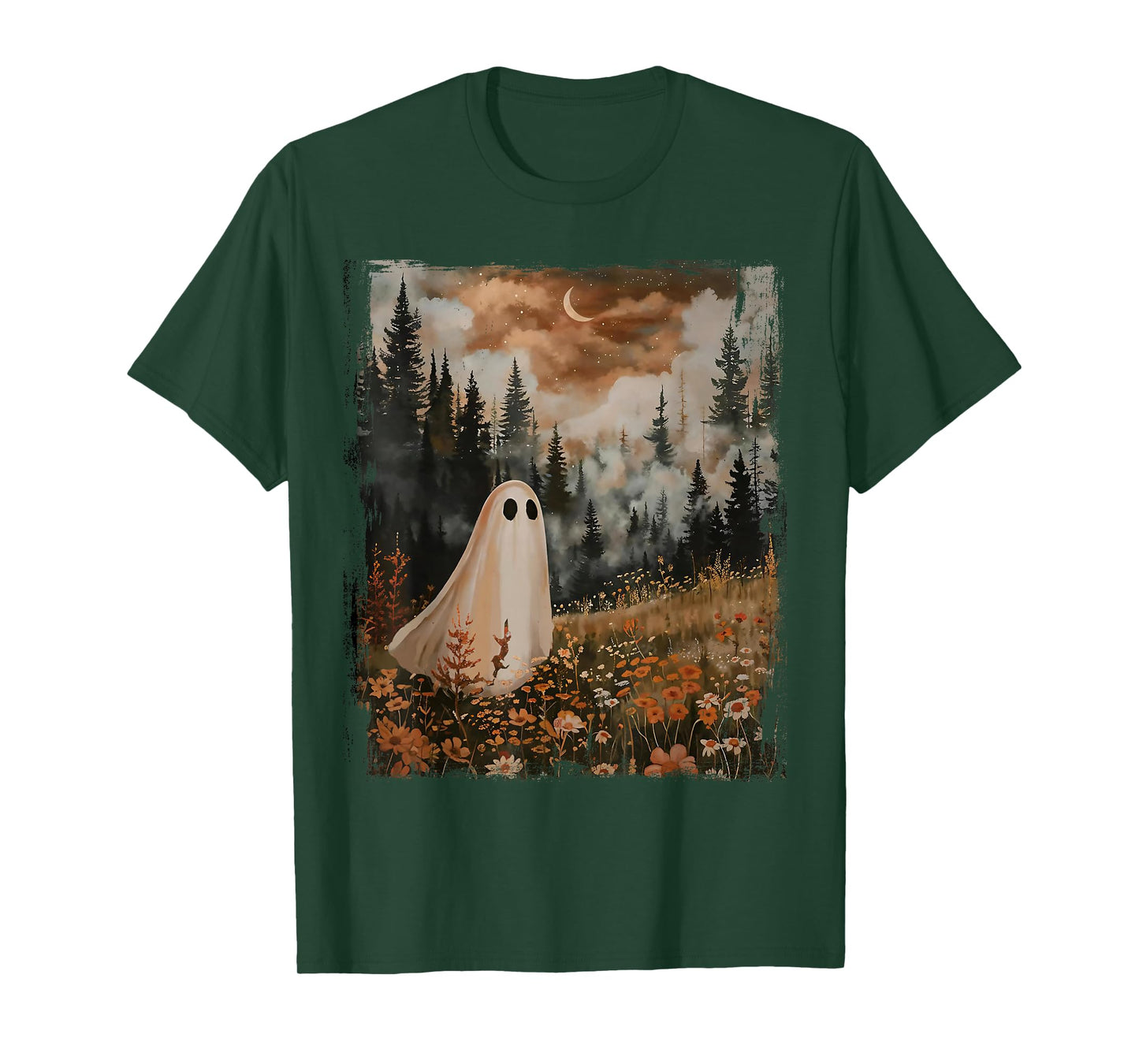 Spooky Season Halloween Ghost In The Flower Forest Vintage T-Shirt