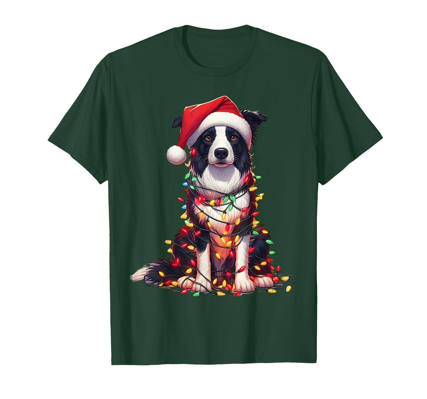 Border Collie Dog Christmas Lights Santa Hat Dog Lover T-Shirt