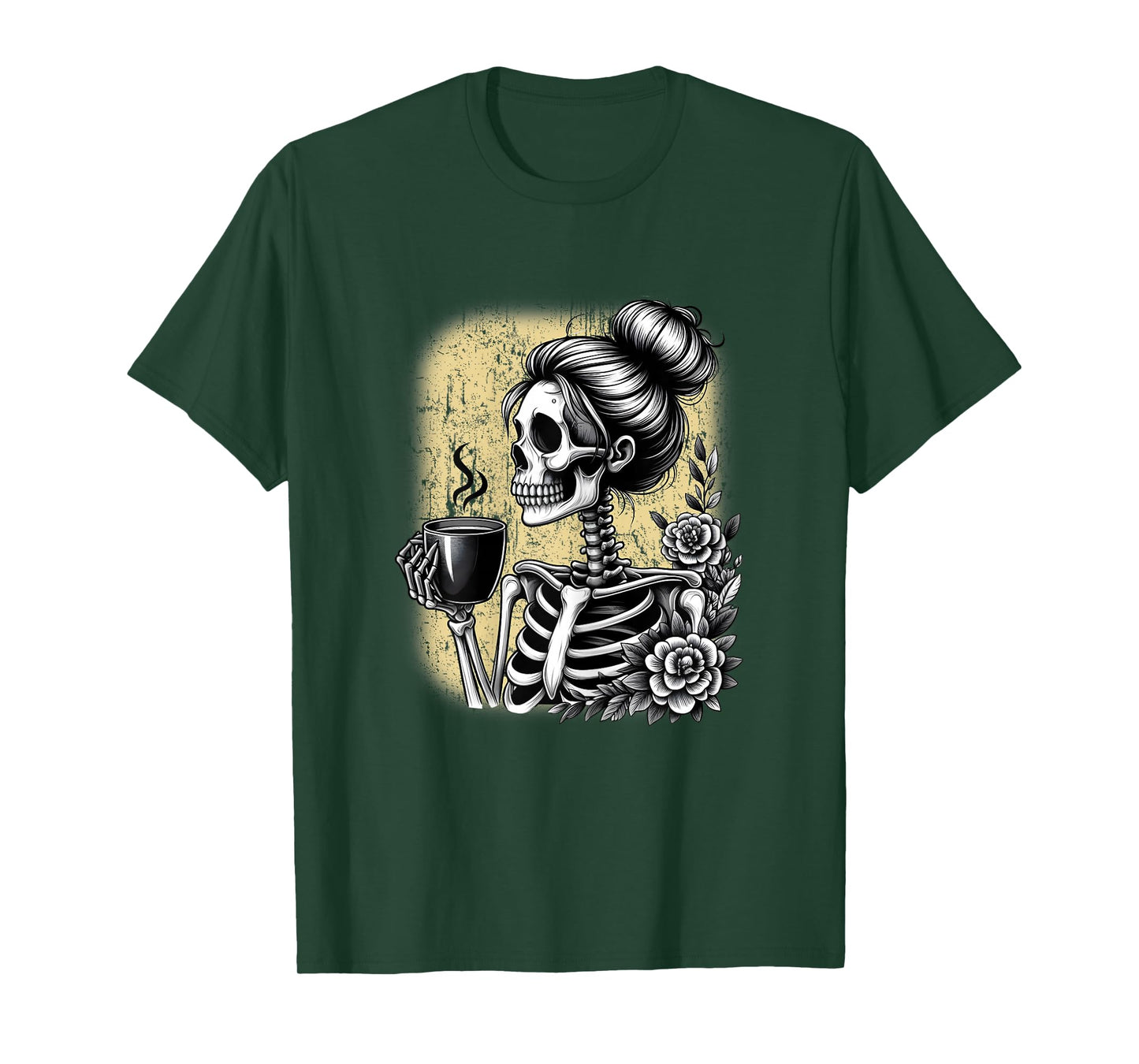 Messy Bun Skeleton Drinking Coffee Vintage Halloween Funny T-Shirt