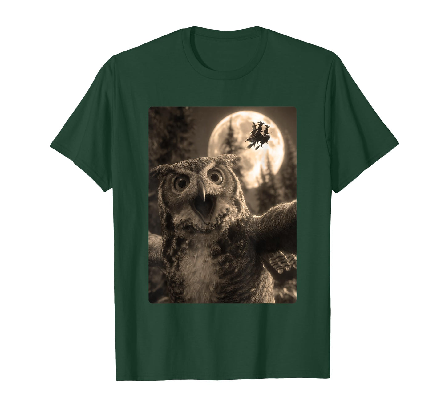 Funny Owl Selfie Full Moon Flying Witches Forest Halloween T-Shirt