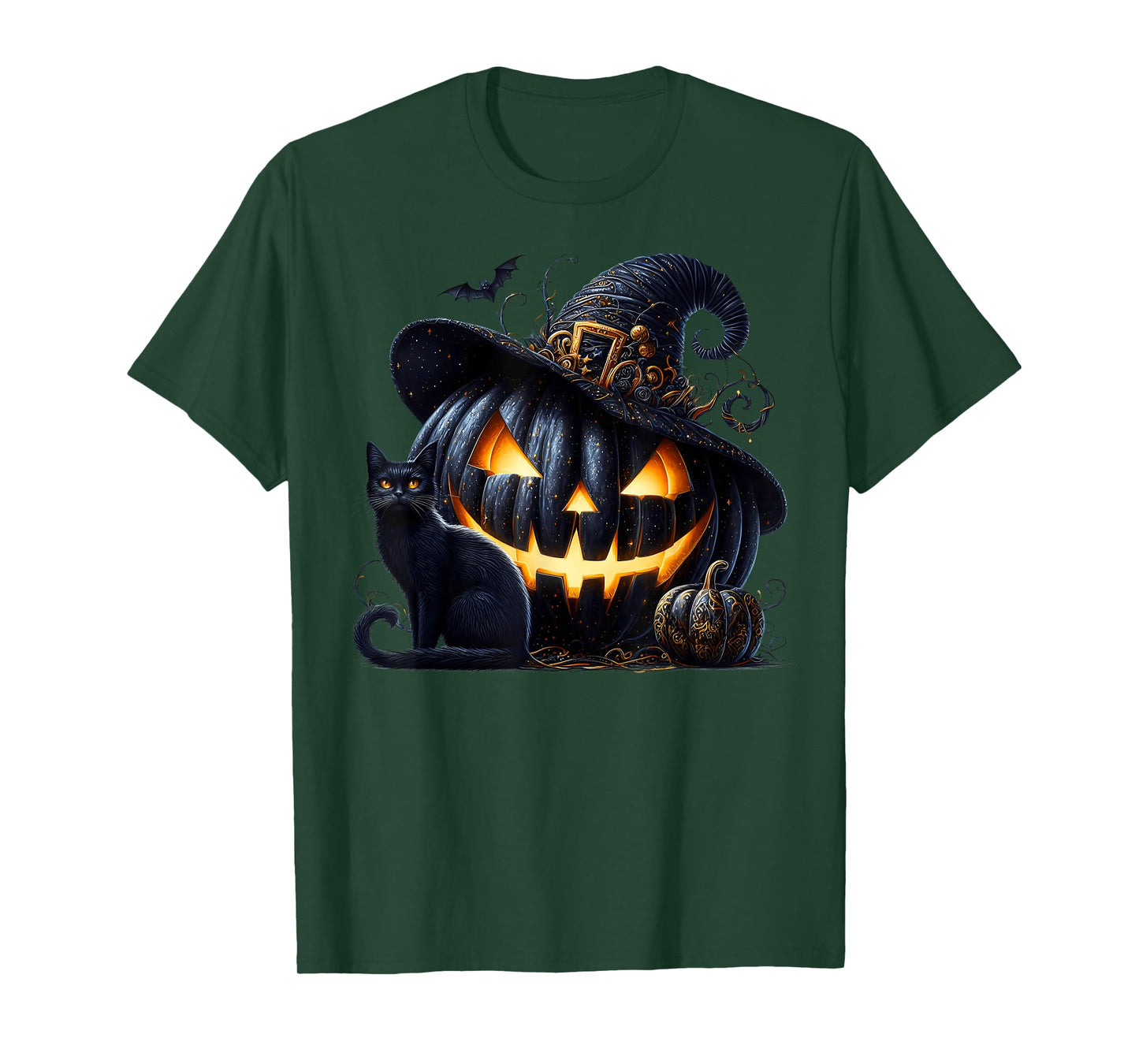 Black Pumpkin Face in Witch Hat with Witchy Halloween Cat T-Shirt
