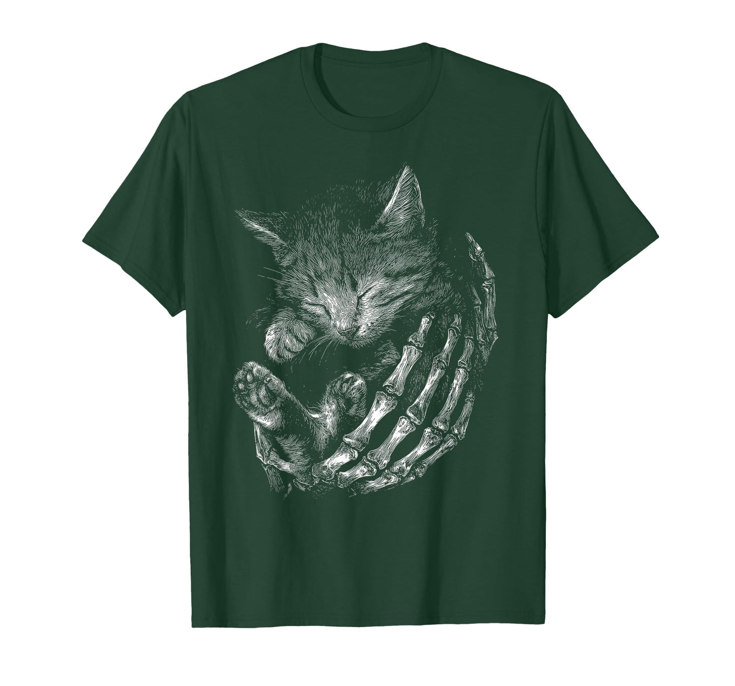 Vintage Skeleton Hand Hugging Kitten Halloween Cat T-Shirt