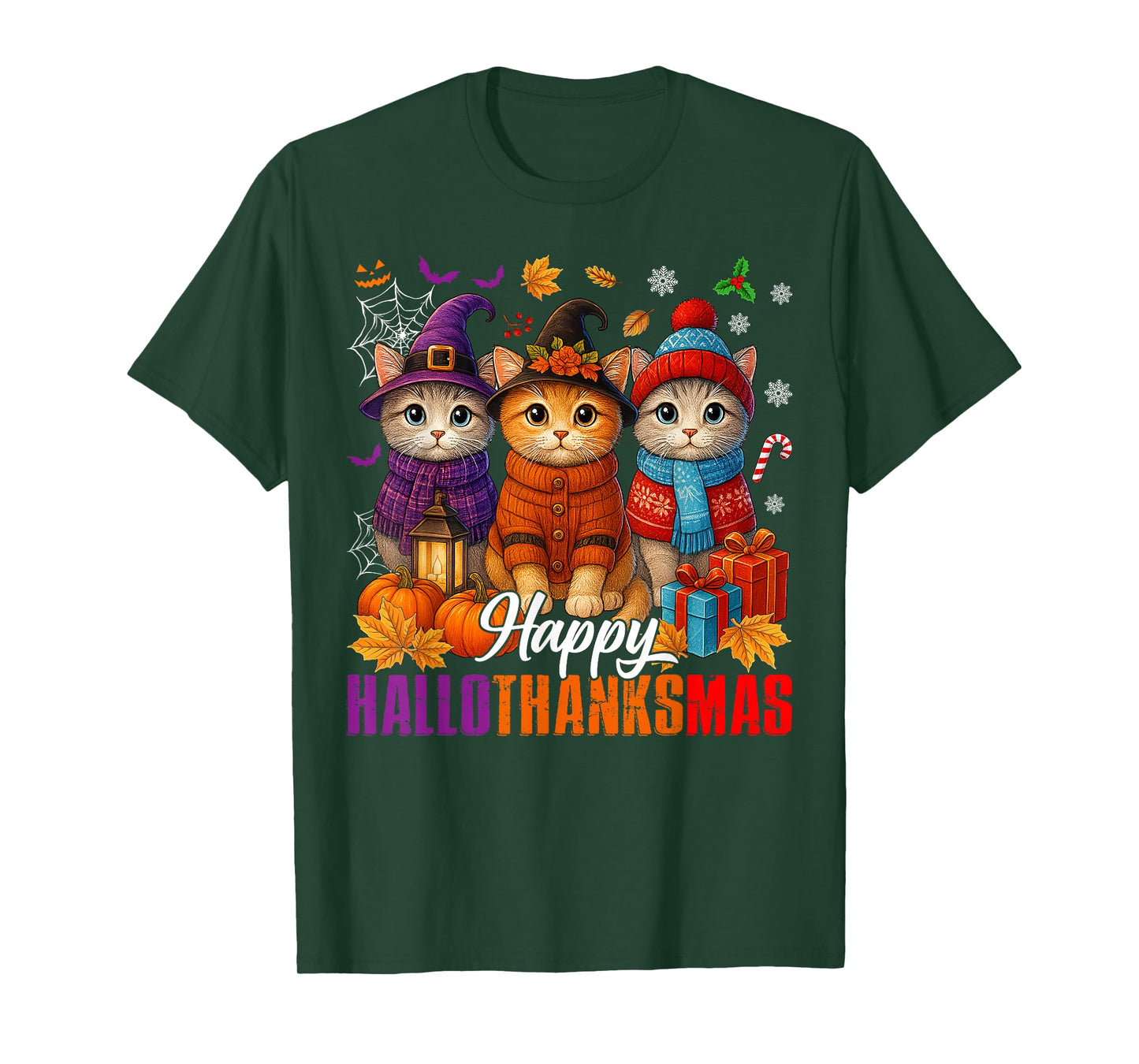 Happy Hallothanksmas Cats Halloween Thanksgiving Christmas T-Shirt
