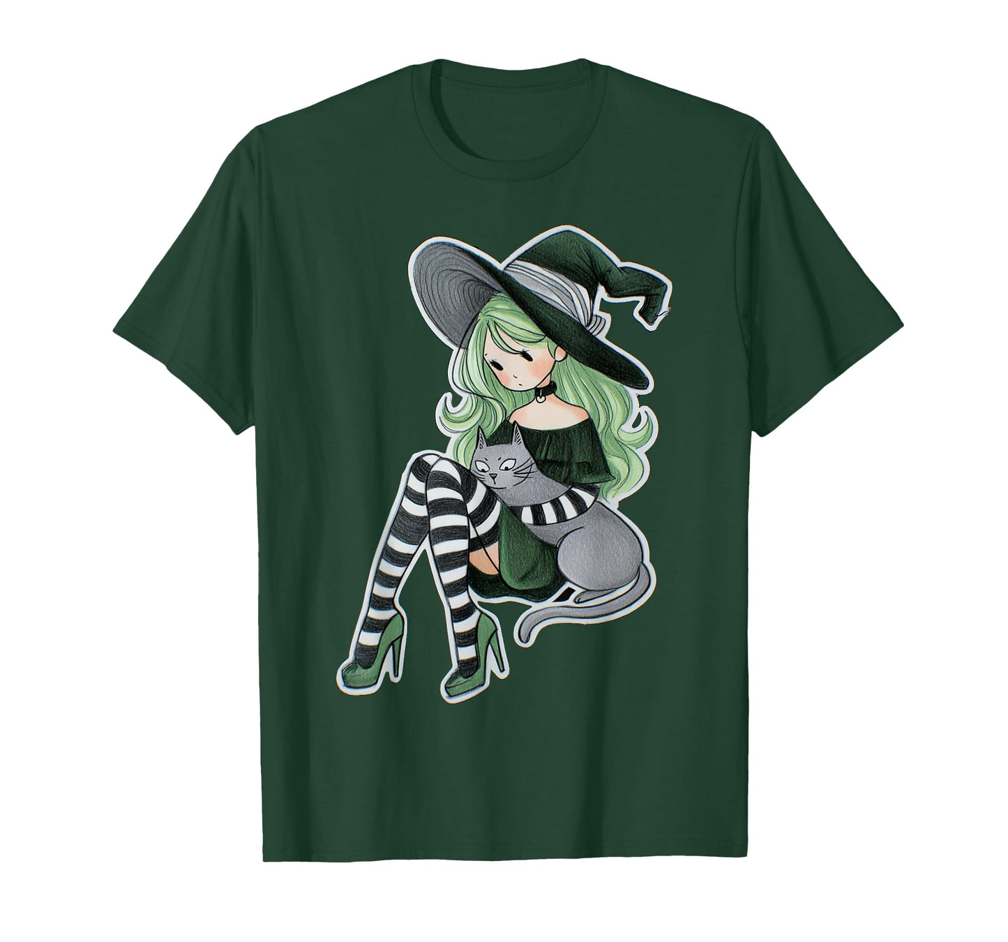 Sexy Witch Green Hair Black White Stockings Cat Halloween T-Shirt