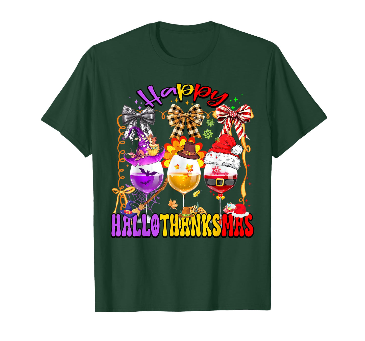 Happy Hallothanksmas Wine Glass Halloween Thanksgiving Xmas T-Shirt