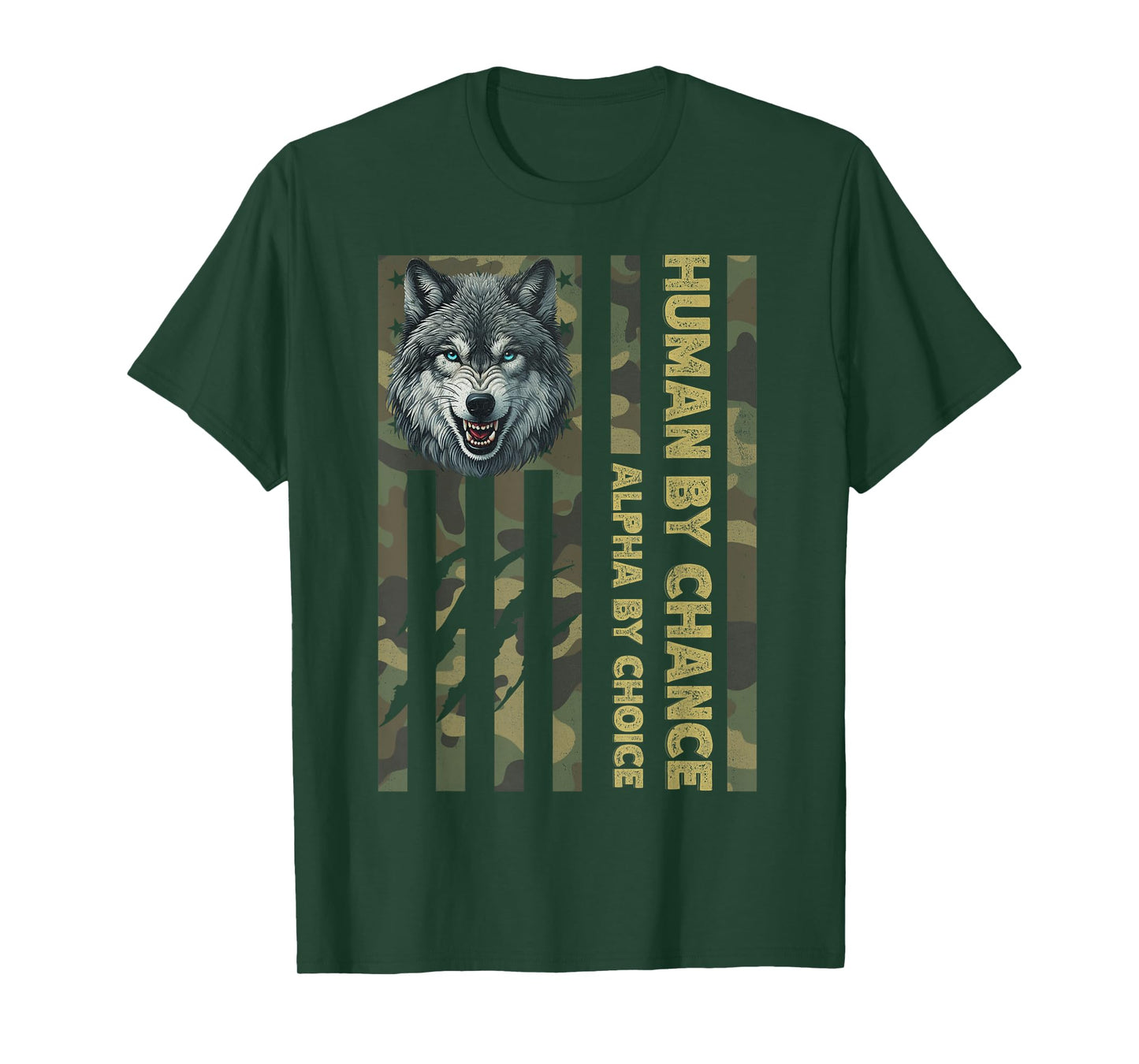 Funny Alpha Wolf Meme Human By Chance Camo American Flag USA T-Shirt