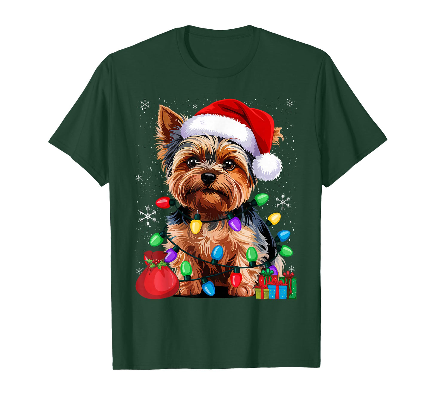 Yorkshire Christmas Yorkie Dog Santa Hat Lights T-Shirt