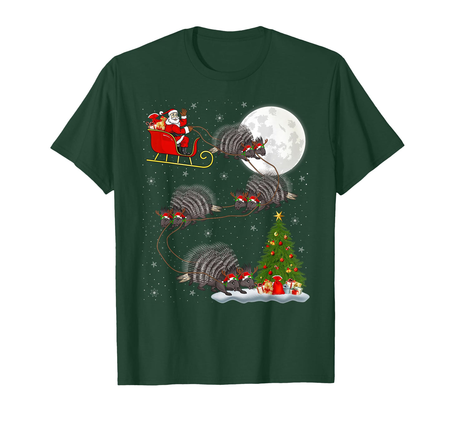 Porcupine Santa Sleigh Flying Funny Magical Christmas T-Shirt