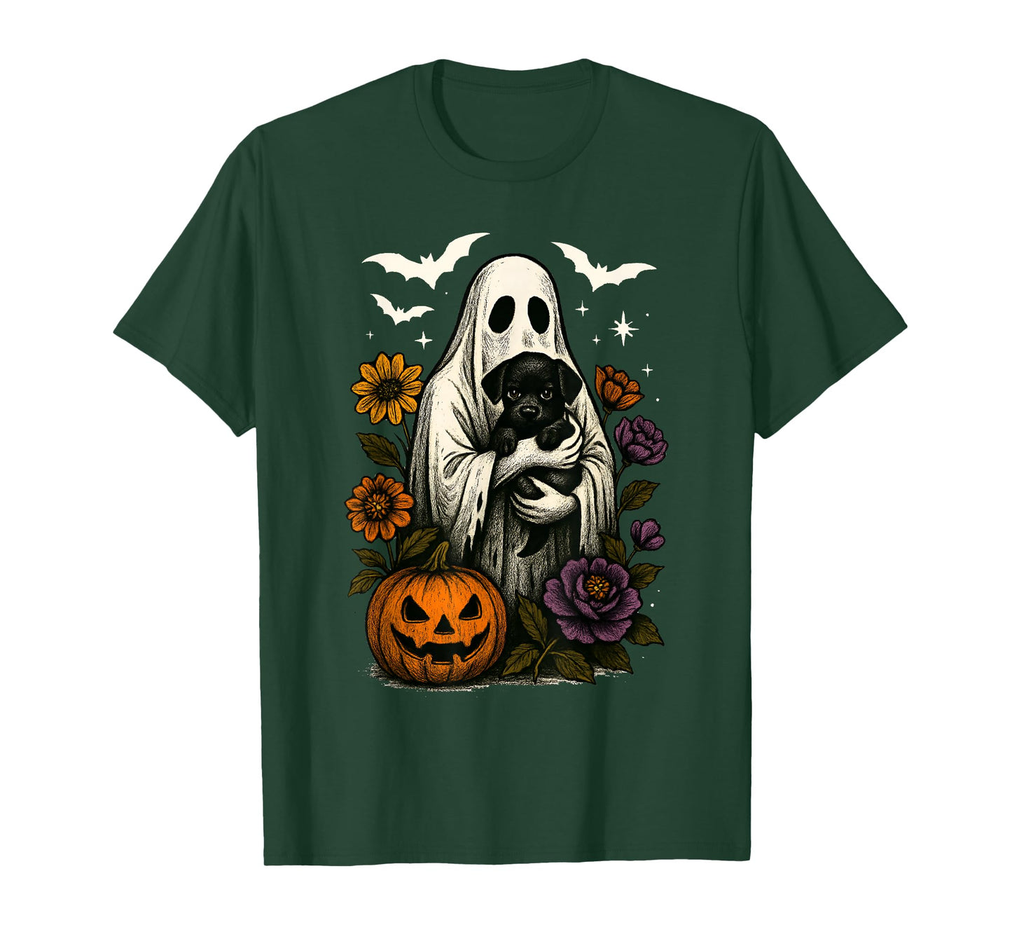 Floral Ghost Black Dog Coquette Funny Halloween Design T-Shirt
