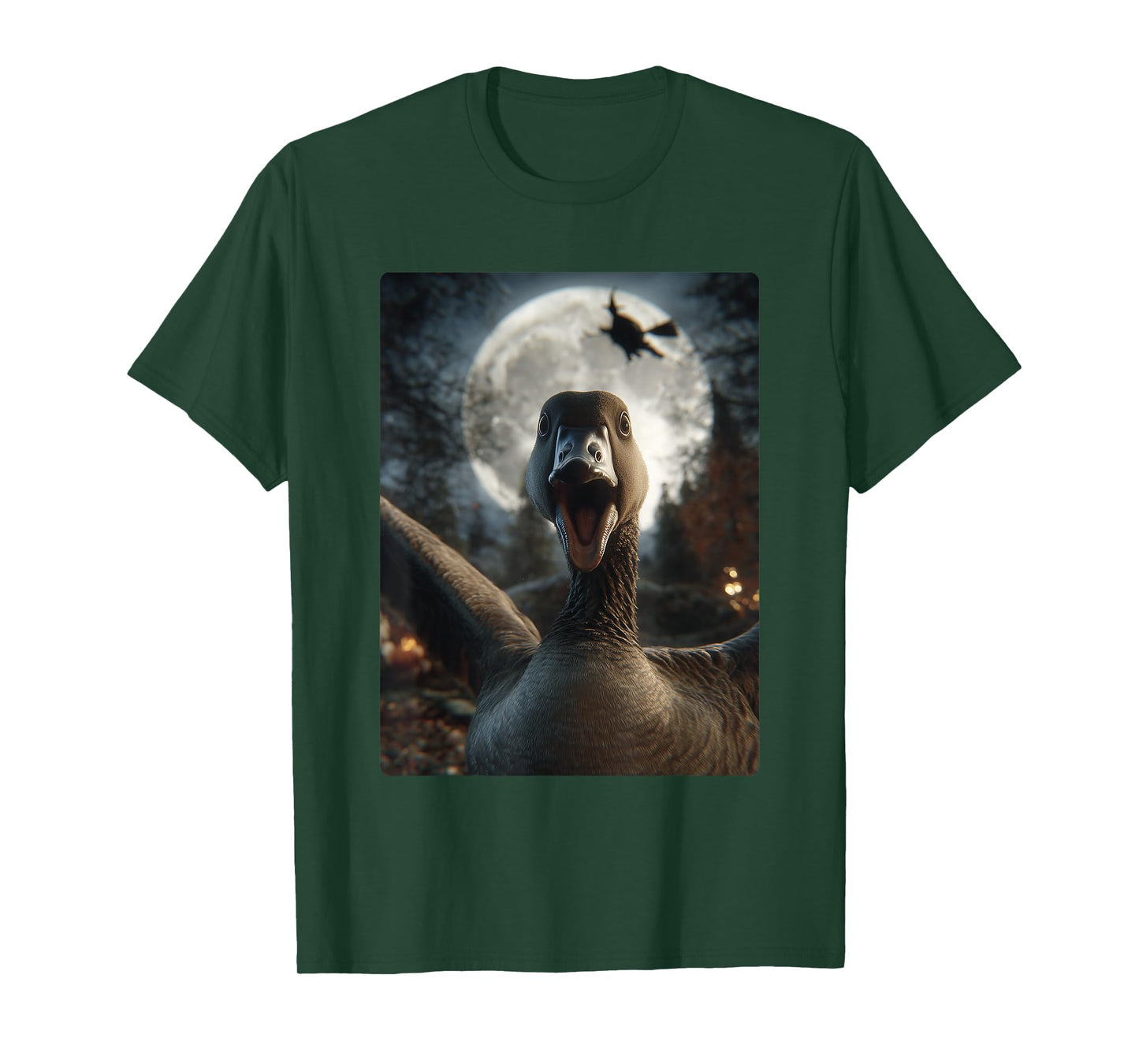 Funny Goose Selfie Full Moon Flying Witch Forest Halloween T-Shirt