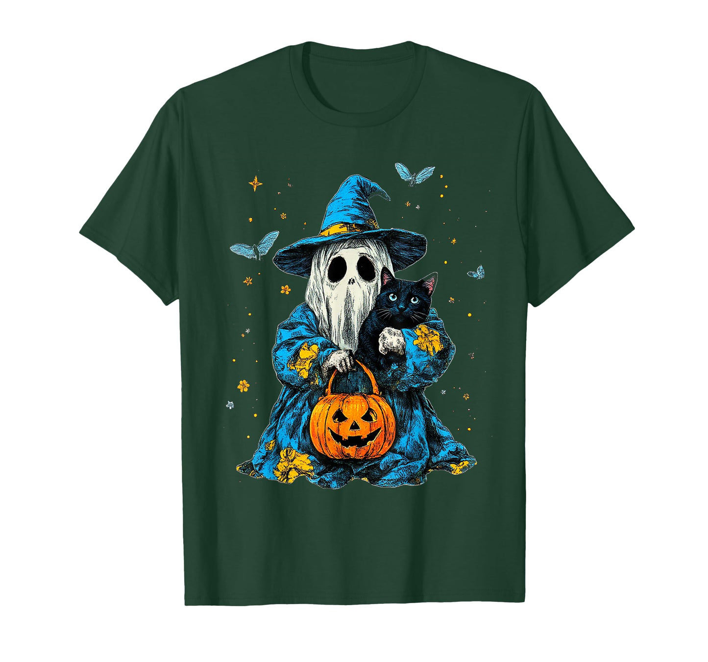 Cute Ghost and Black Cat Boo Groovy Floral Halloween 2025 T-Shirt
