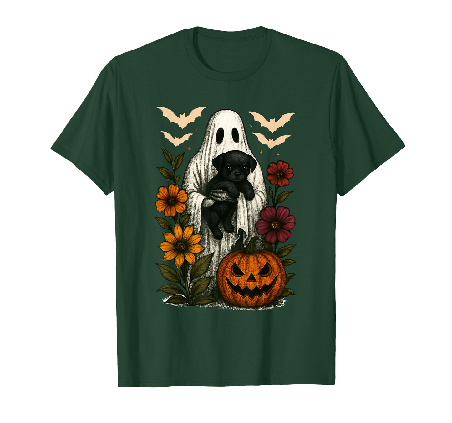 Floral Ghost Black Dog Coquette Funny Halloween Design T-Shirt