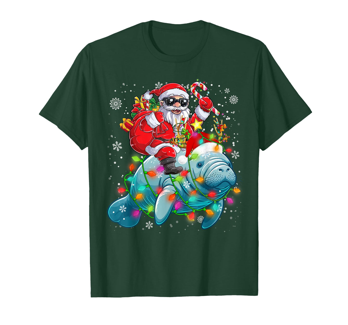 Santa Riding Manatee Reindeer Christmas Lights Sea Animal T-Shirt