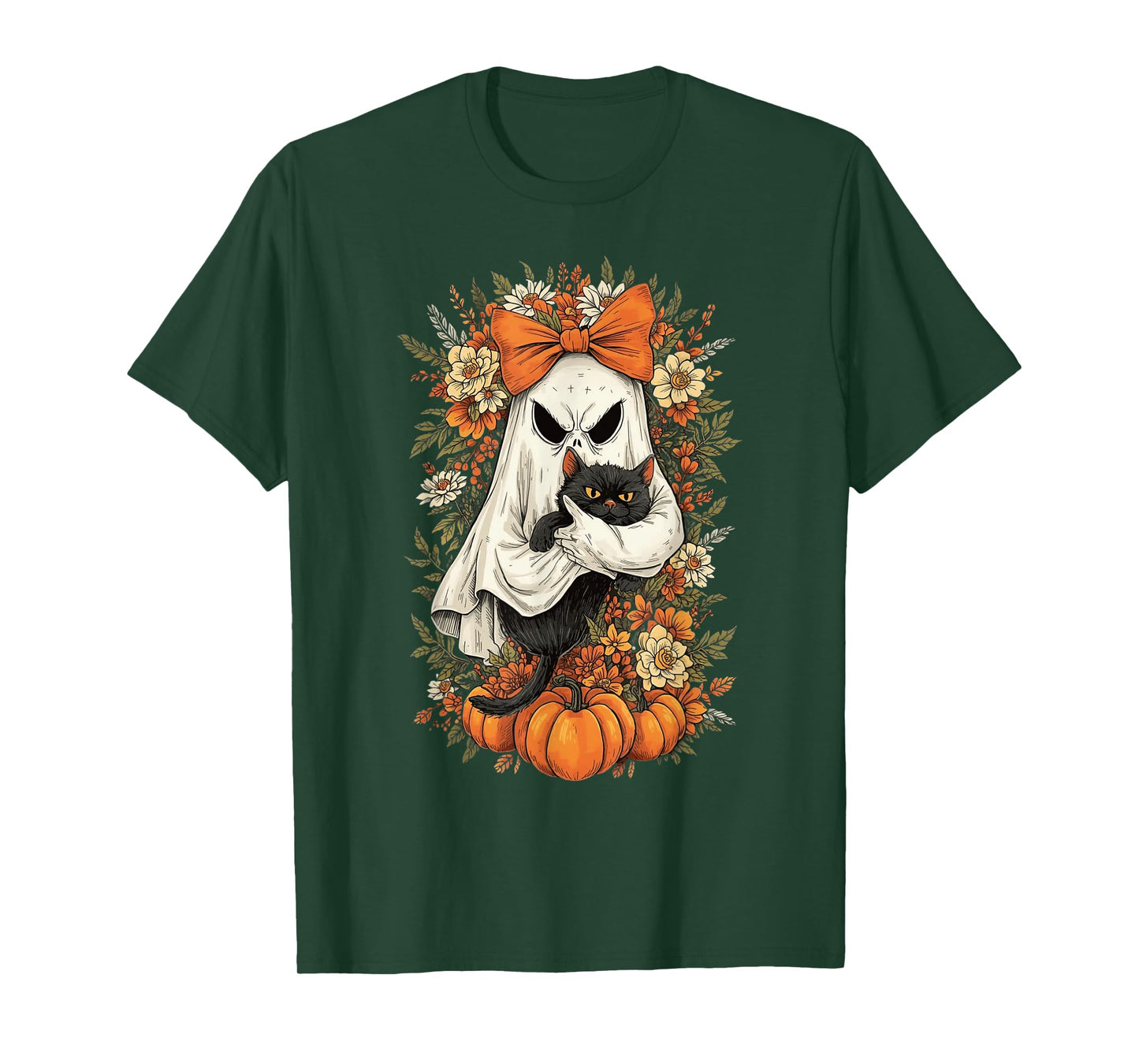 Vintage Halloween Ghost Holding Black Cat Groovy Floral T-Shirt