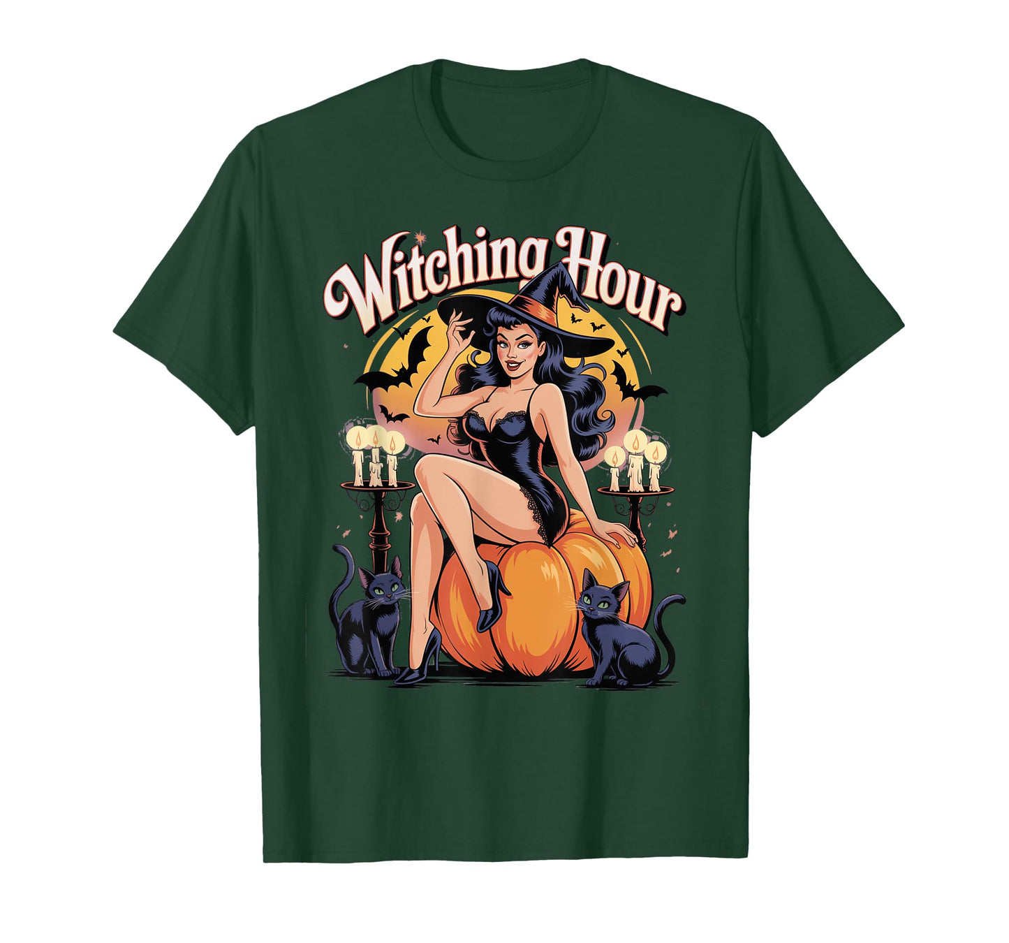 Vintage Halloween Witch Pin Up Girl Sexy Pumpkin Black Cat T-Shirt