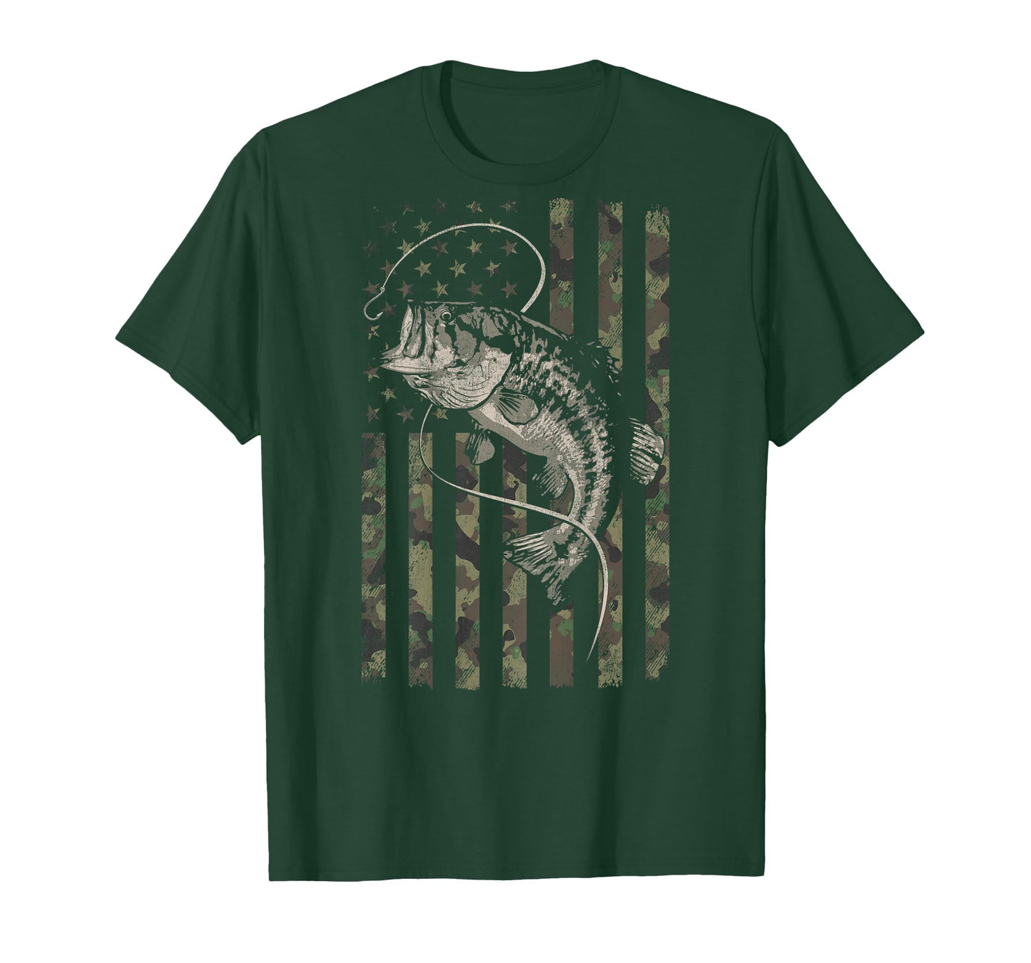 Fishing Camo American Flag Bass Fish (Design on Back) T-Shirt