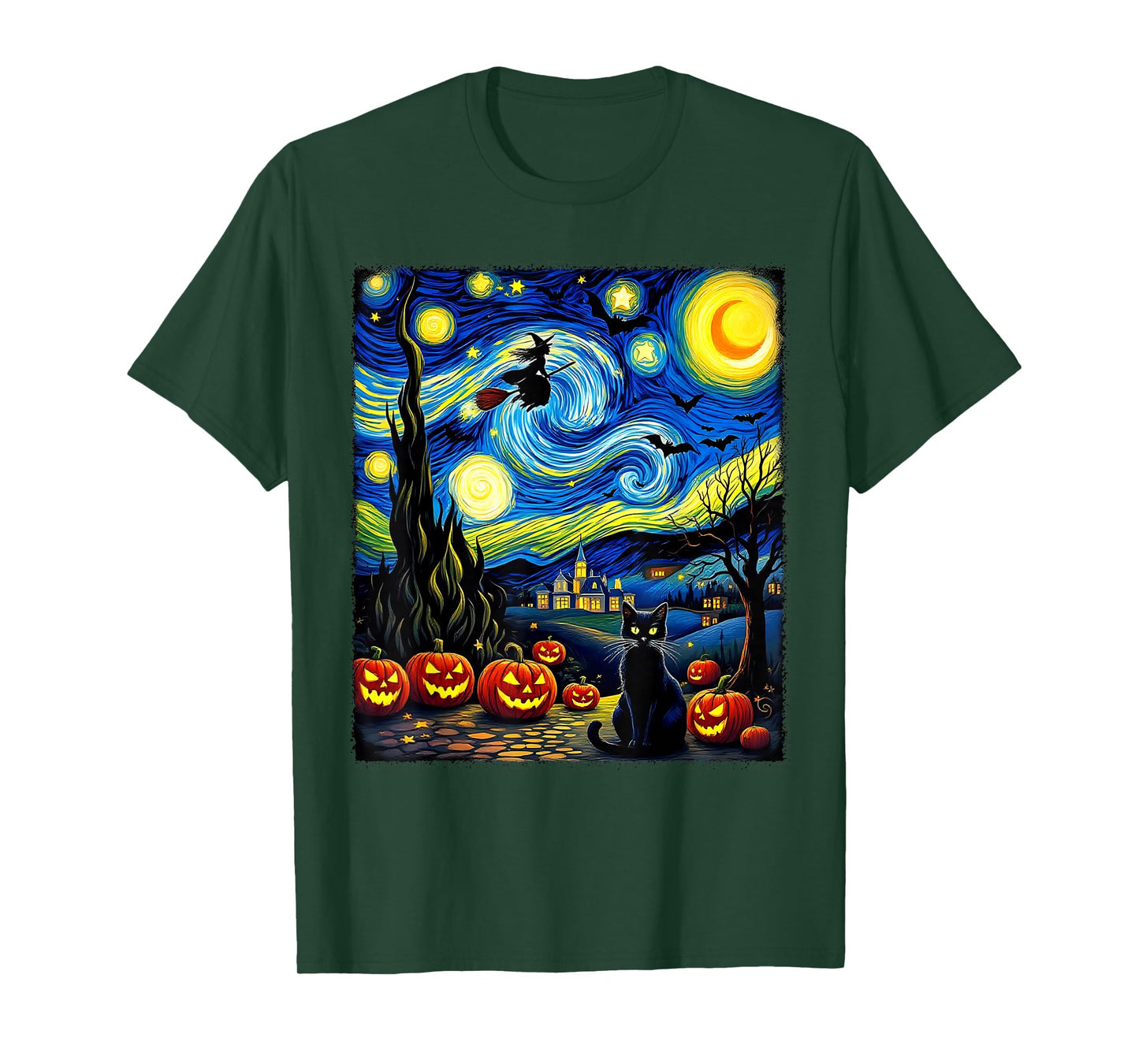Black Cat Flying Witch Van Gogh Starry Night Party Costume T-Shirt
