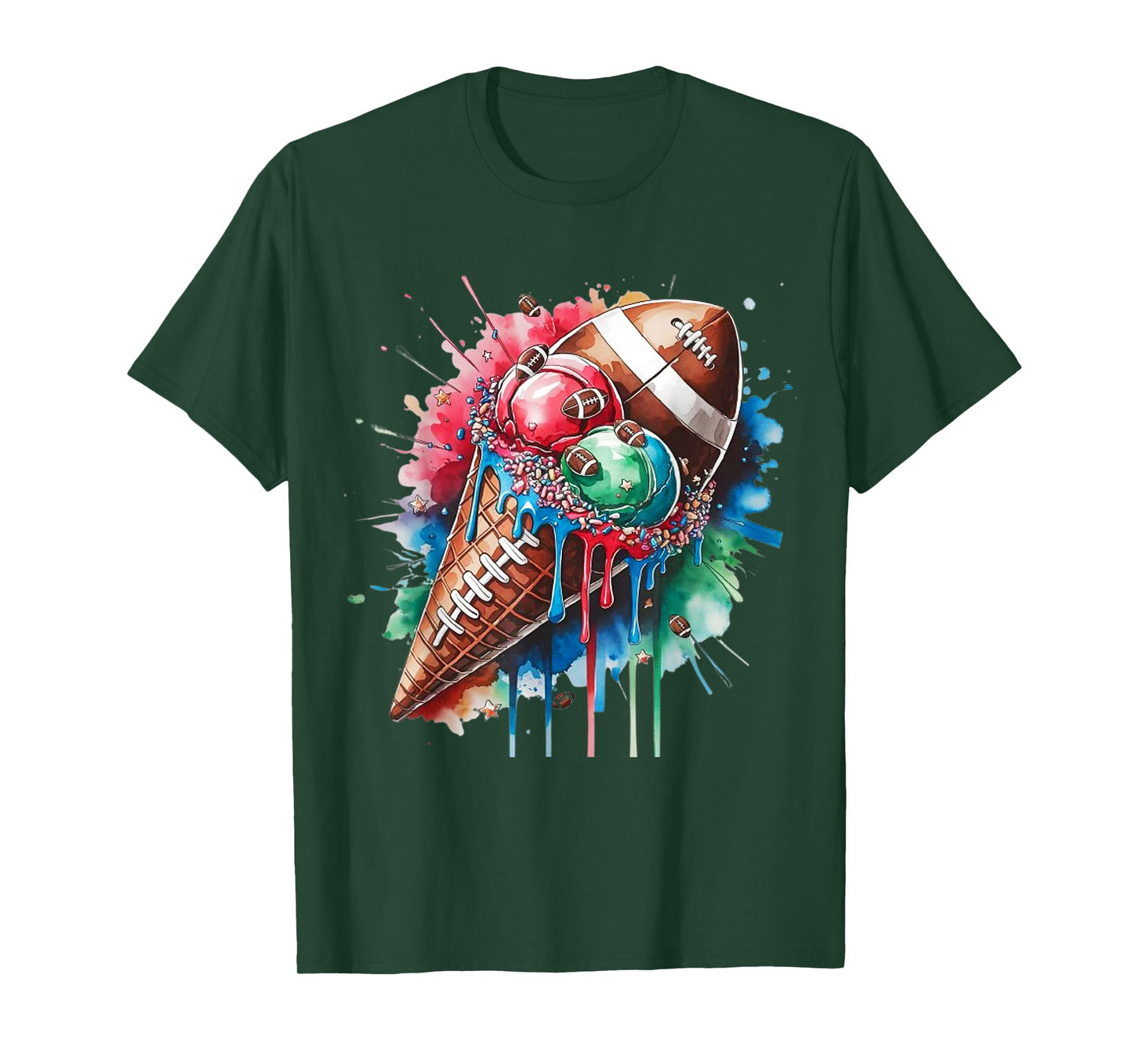 Football Drip Ice Cream Watercolor Cone with Sprinkles T-Shirt