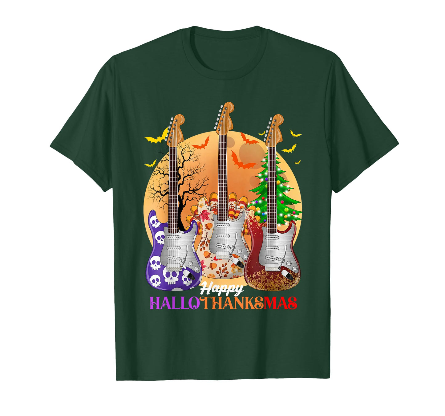 Happy HalloThanksMas Guitar Halloween Thanksgiving Christmas T-Shirt