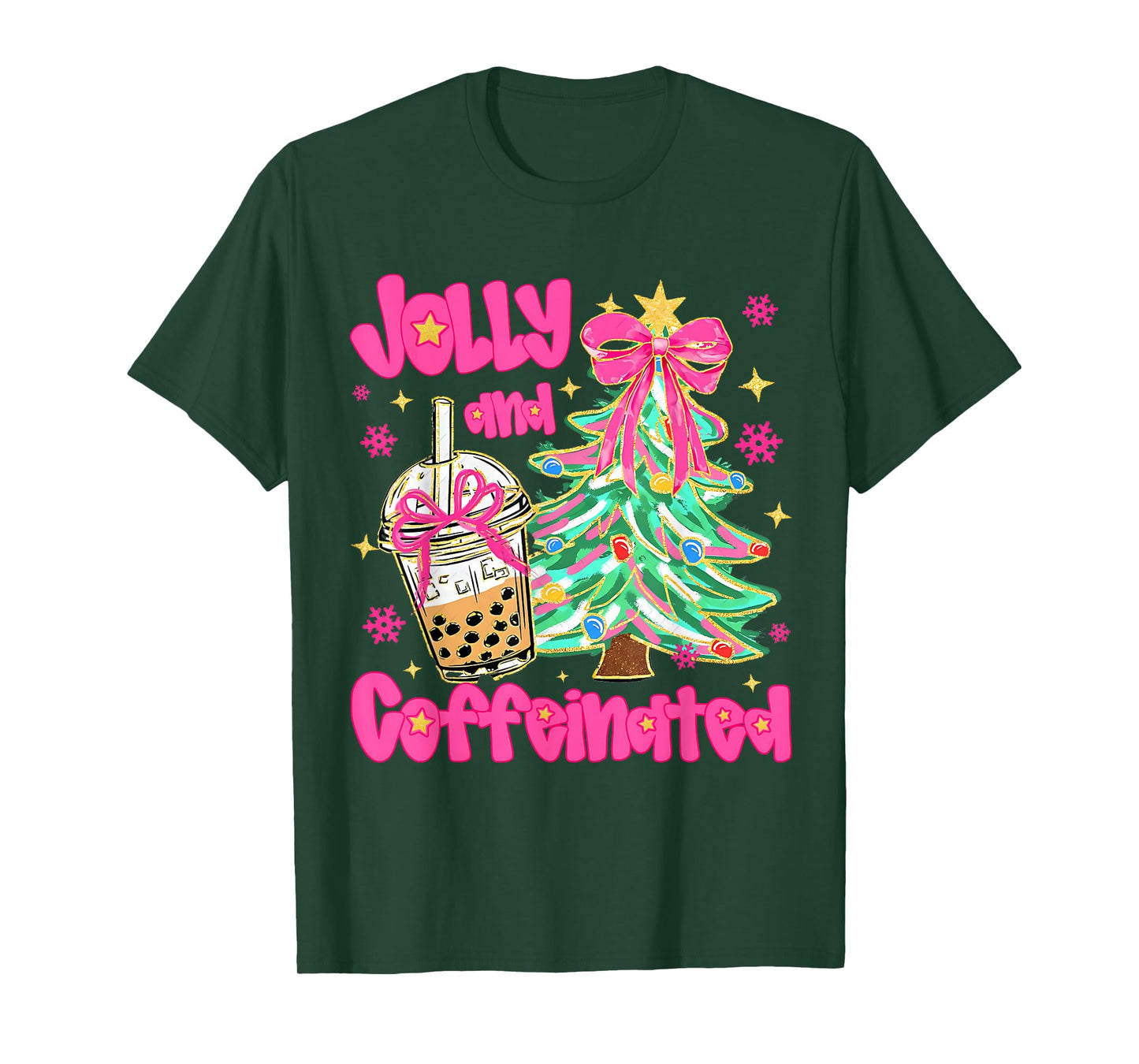 Jolly & Caffeinated Coffee Coquette Bow Xmas Tree Christmas T-Shirt