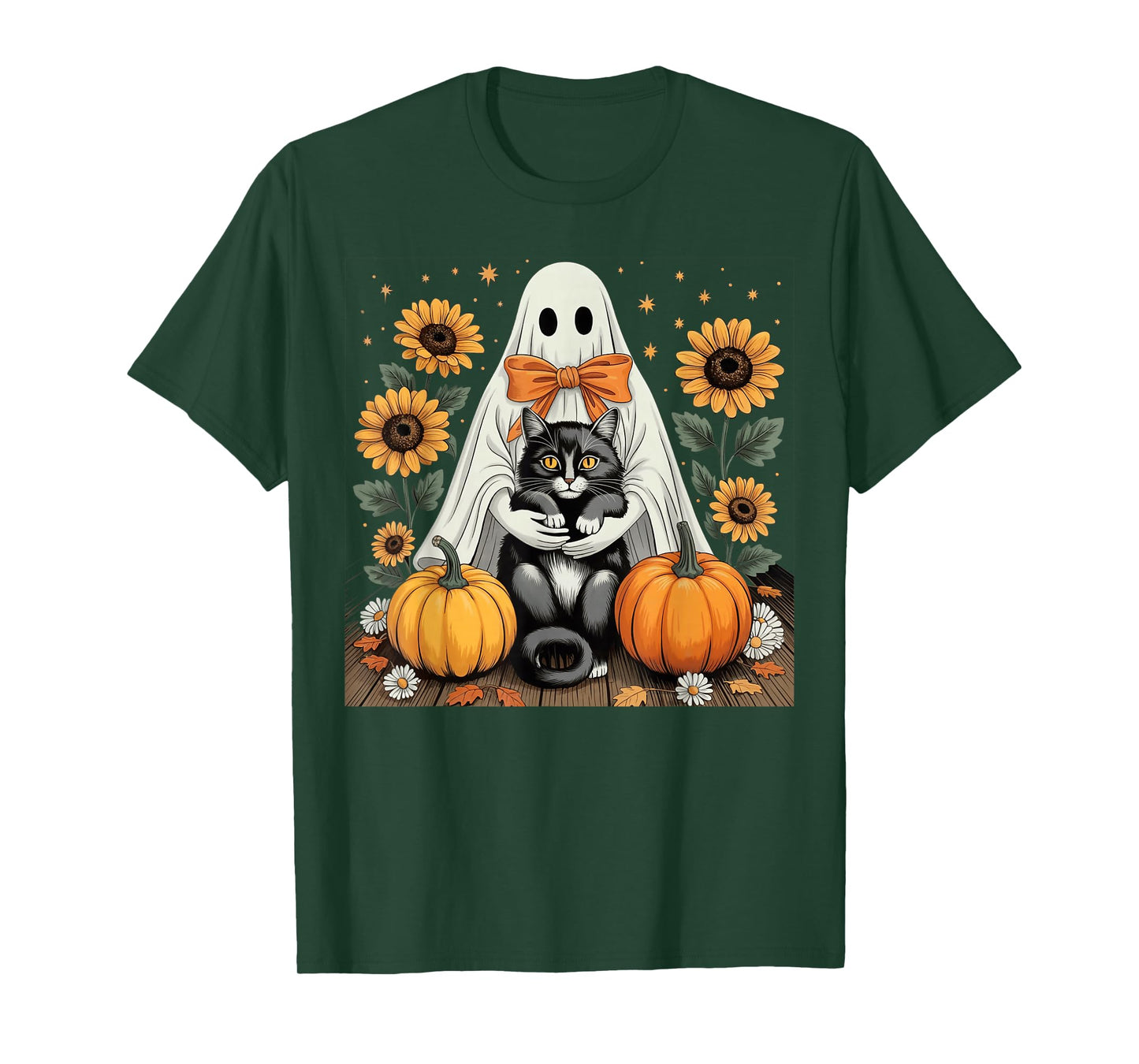 Womens Halloween Ghost Black Cat Ghost Halloween Girls T-Shirt