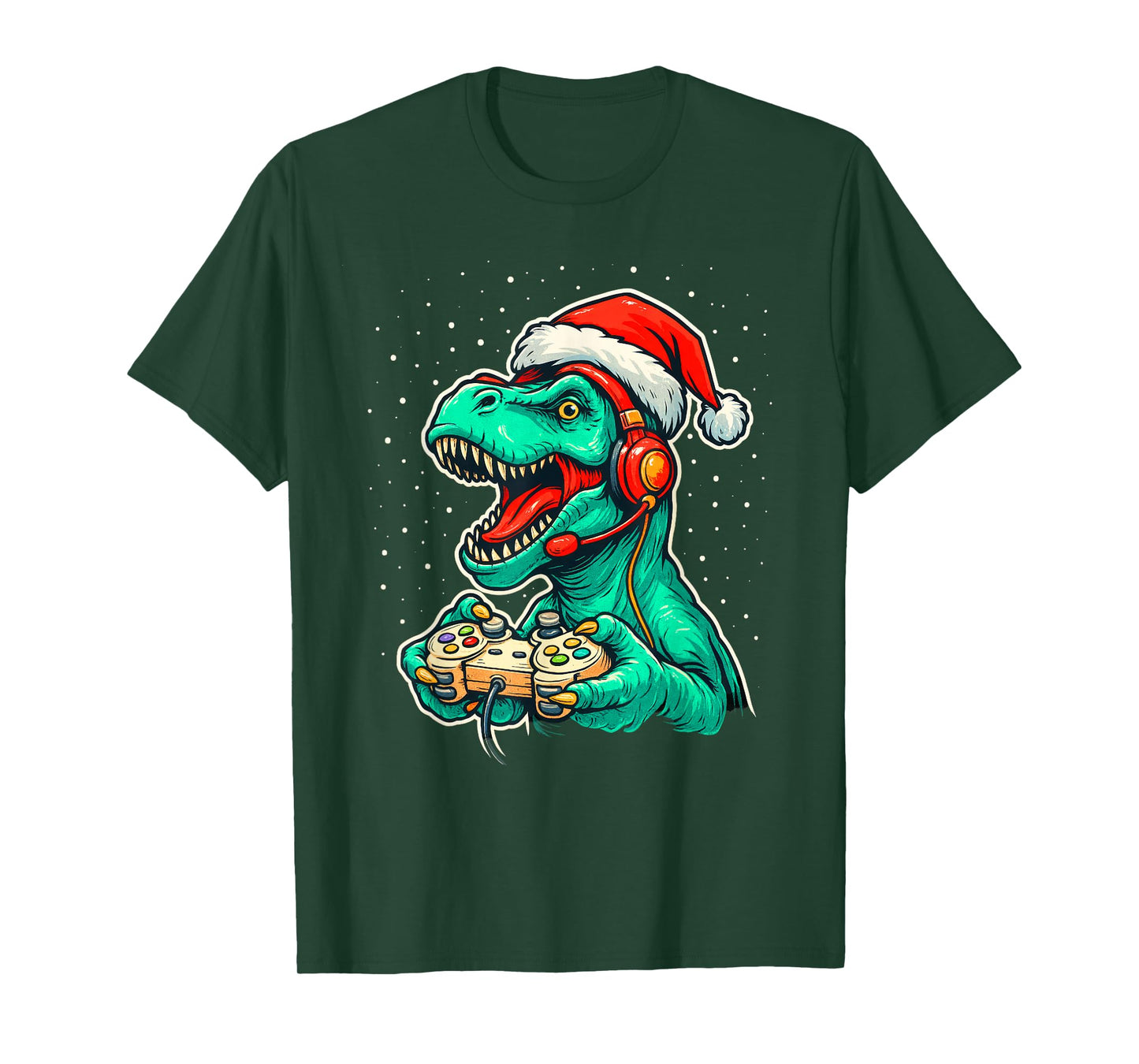 Dinosaur T Rex Playing Video Game Santa Hat Christmas T-Shirt