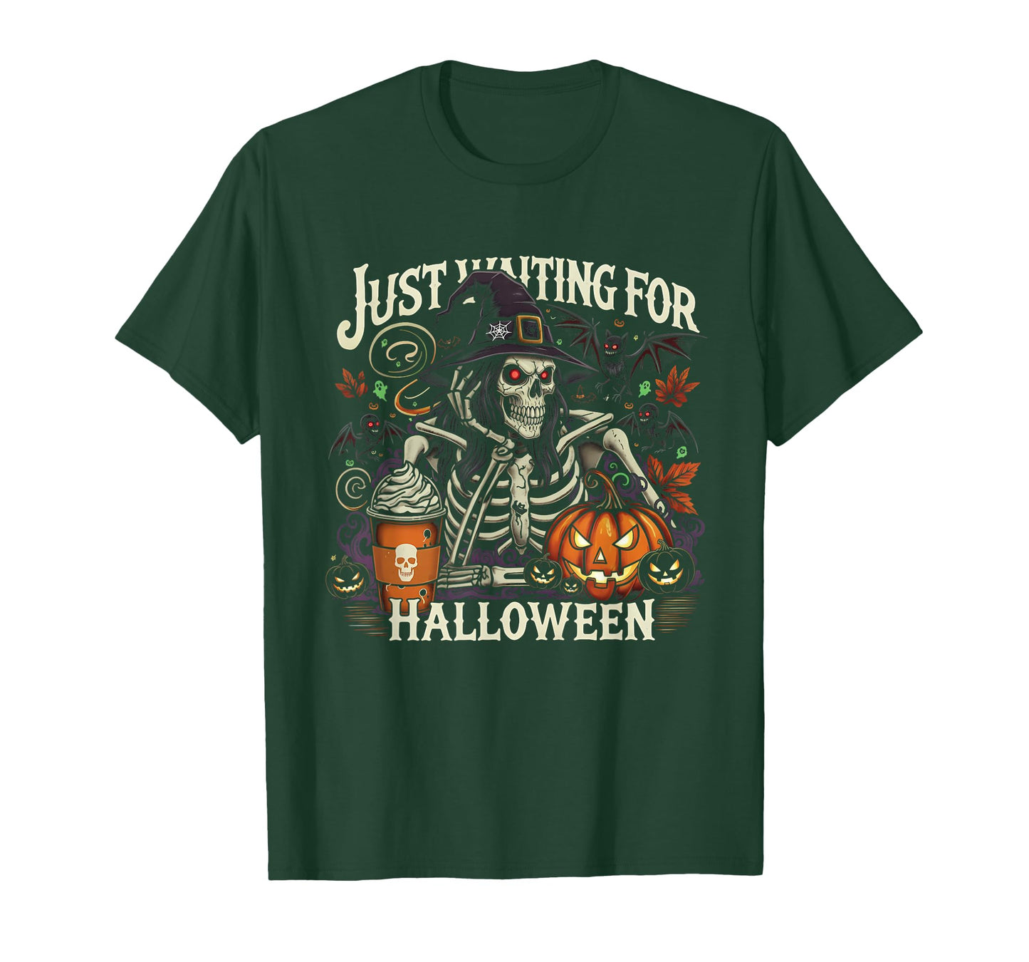Just Waiting for Halloween Skeleton Witch Coffee Pumpkin T-Shirt