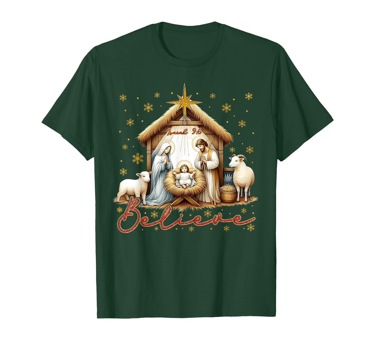 Nativity Scene BELIEVE Christian Family Merry Christmas T-Shirt