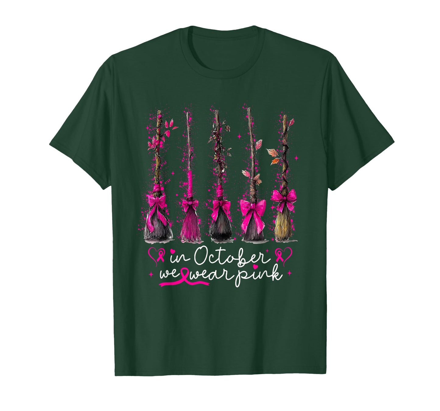in October We Wear Pink Witches Brooms Spooky Breast Cancer T-Shirt