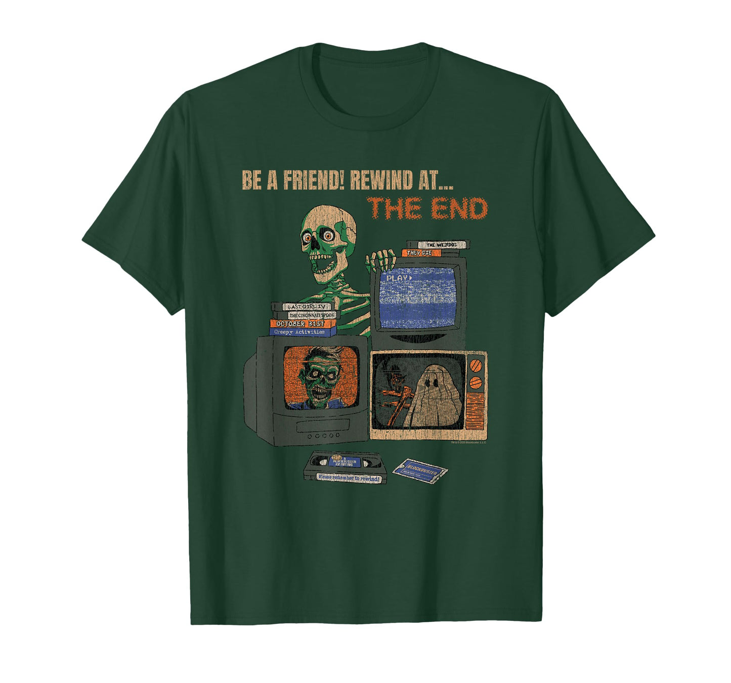 Blockbuster Rewind At the End Horror Movie Skeleton Vintage T-Shirt