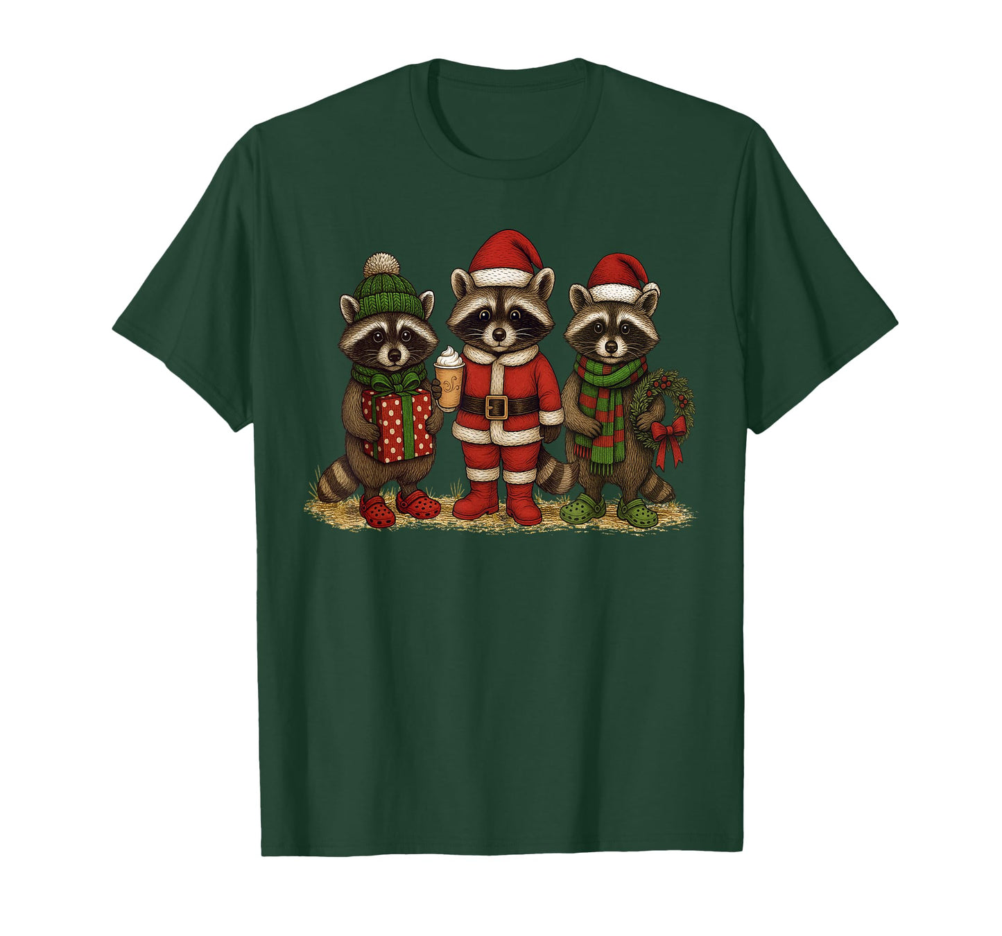 Cute But Feral Funny Raccoon Christmas Santa Hat Men Women T-Shirt