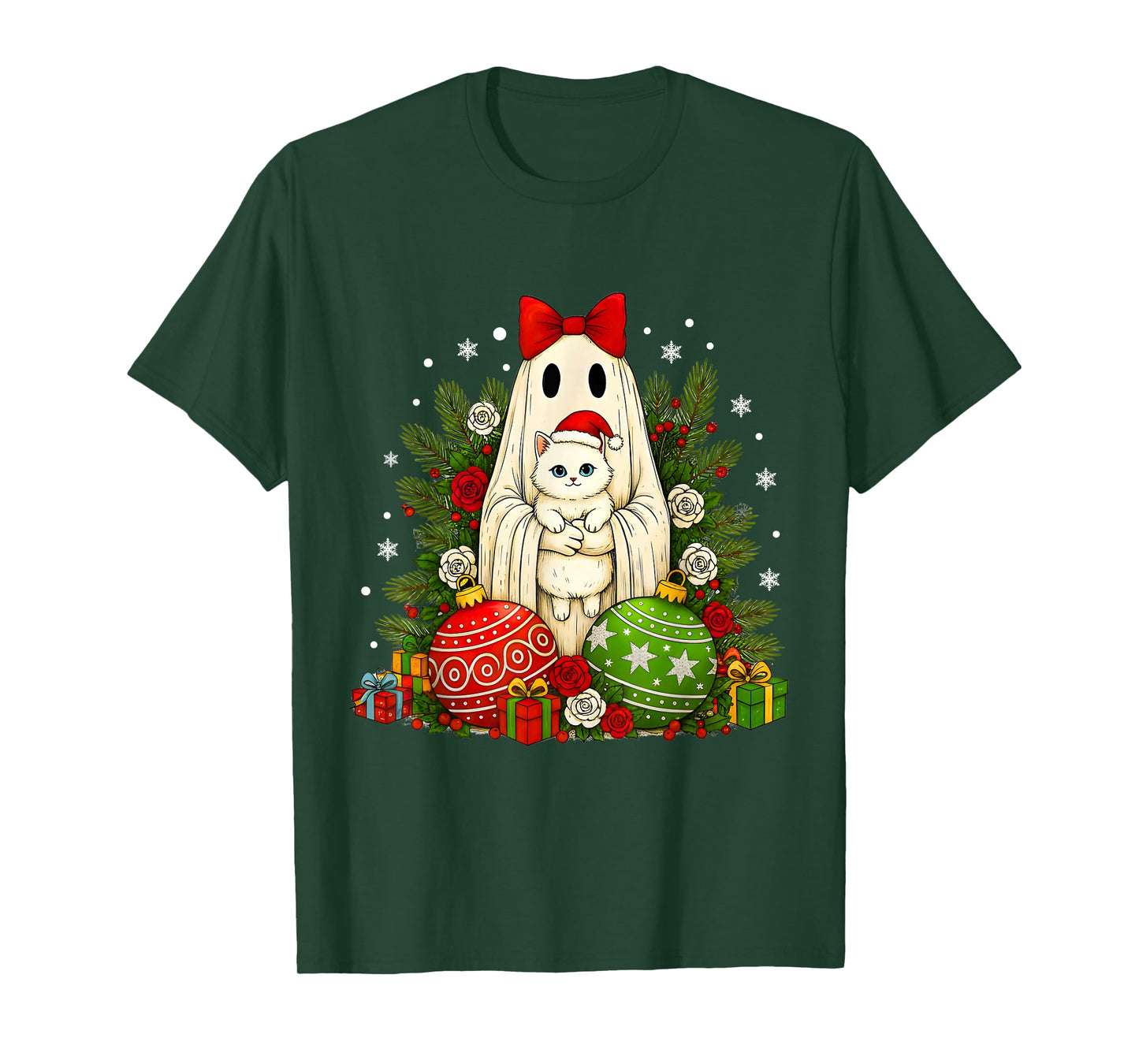 Vintage Christmas Ghost Holding White Cat Groovy Floral T-Shirt