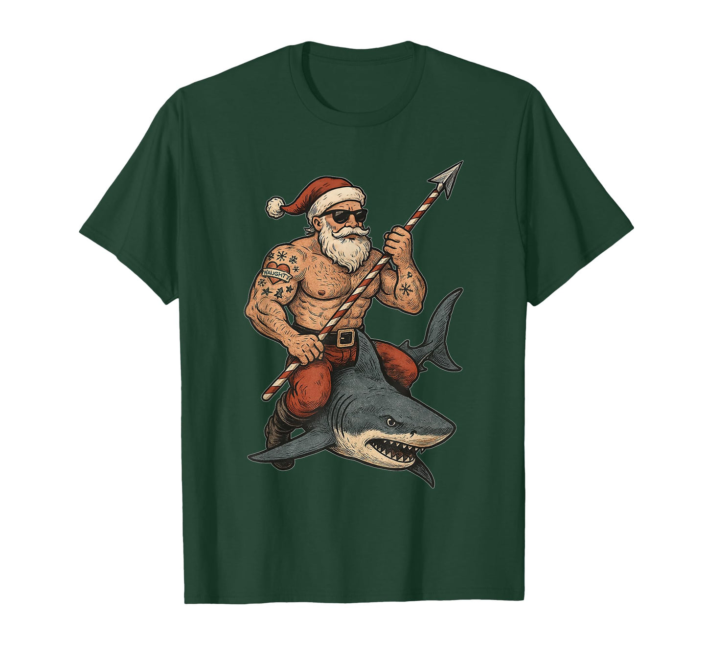 Tattooed Muscular Santa Shark Funny Xmas Holidays T-Shirt