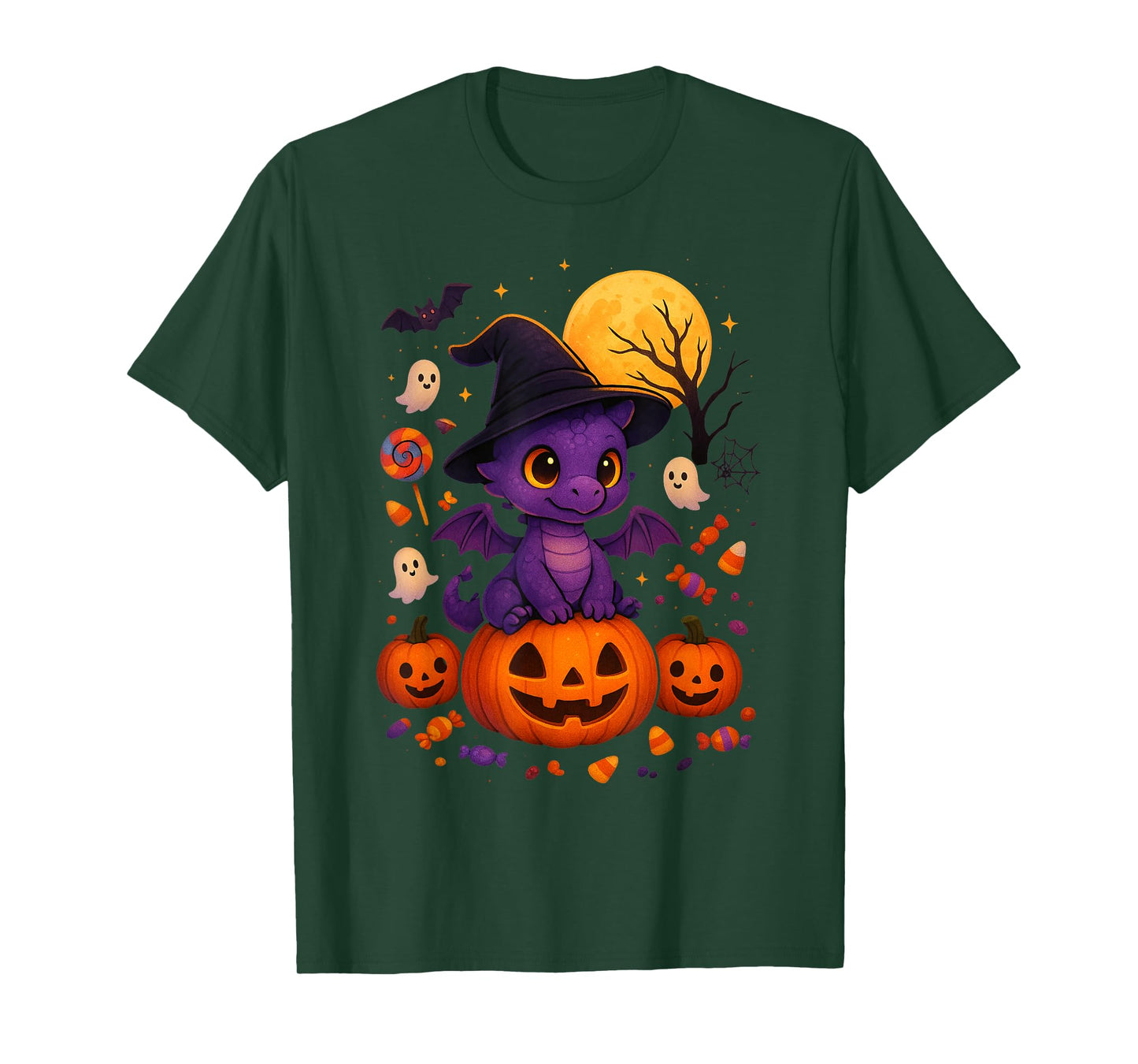 Cute Halloween Dragon Witch Hat Pumpkin Moon Fantasy T-Shirt