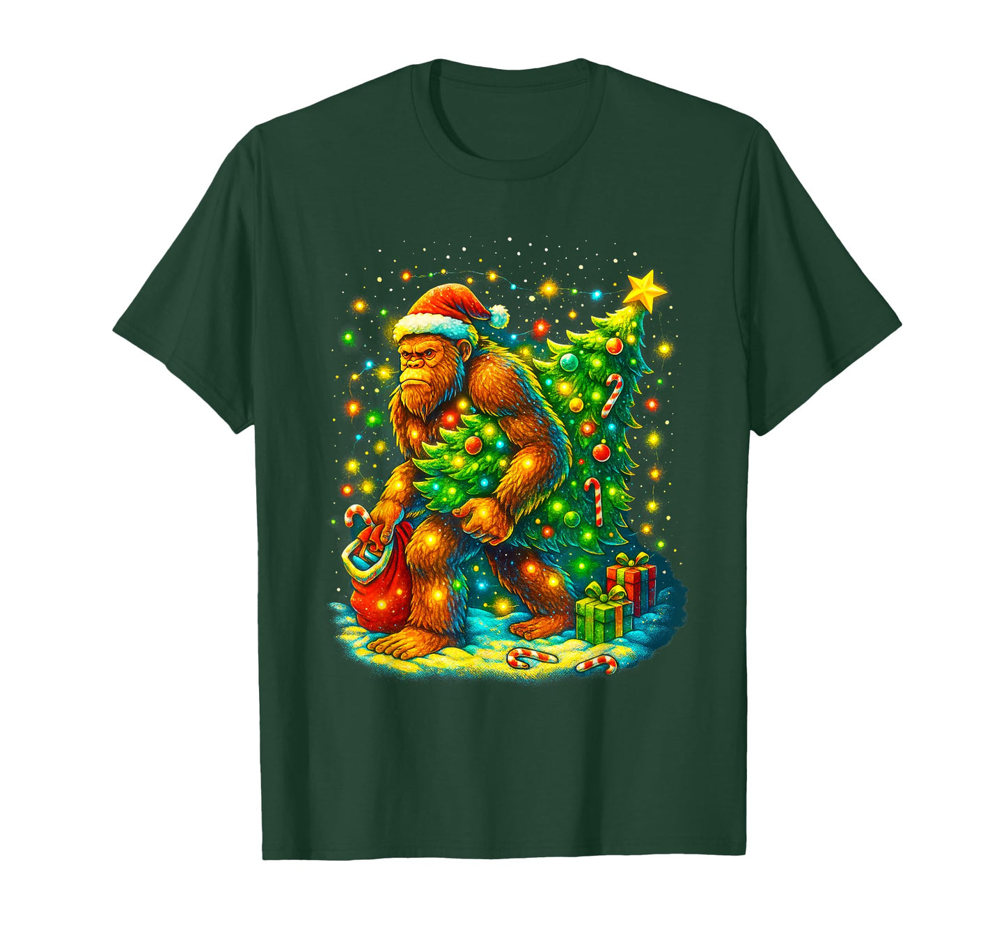 Santa Bigfoot Christmas Tree Funny Sasquatch Xmas Lights T-Shirt