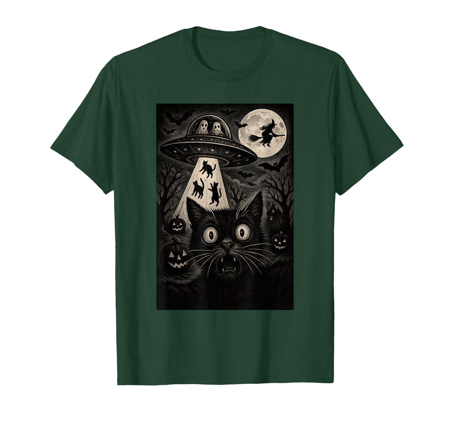 Halloween Cat Selfie Spooky Alien Abduction Cats UFO Flying T-Shirt
